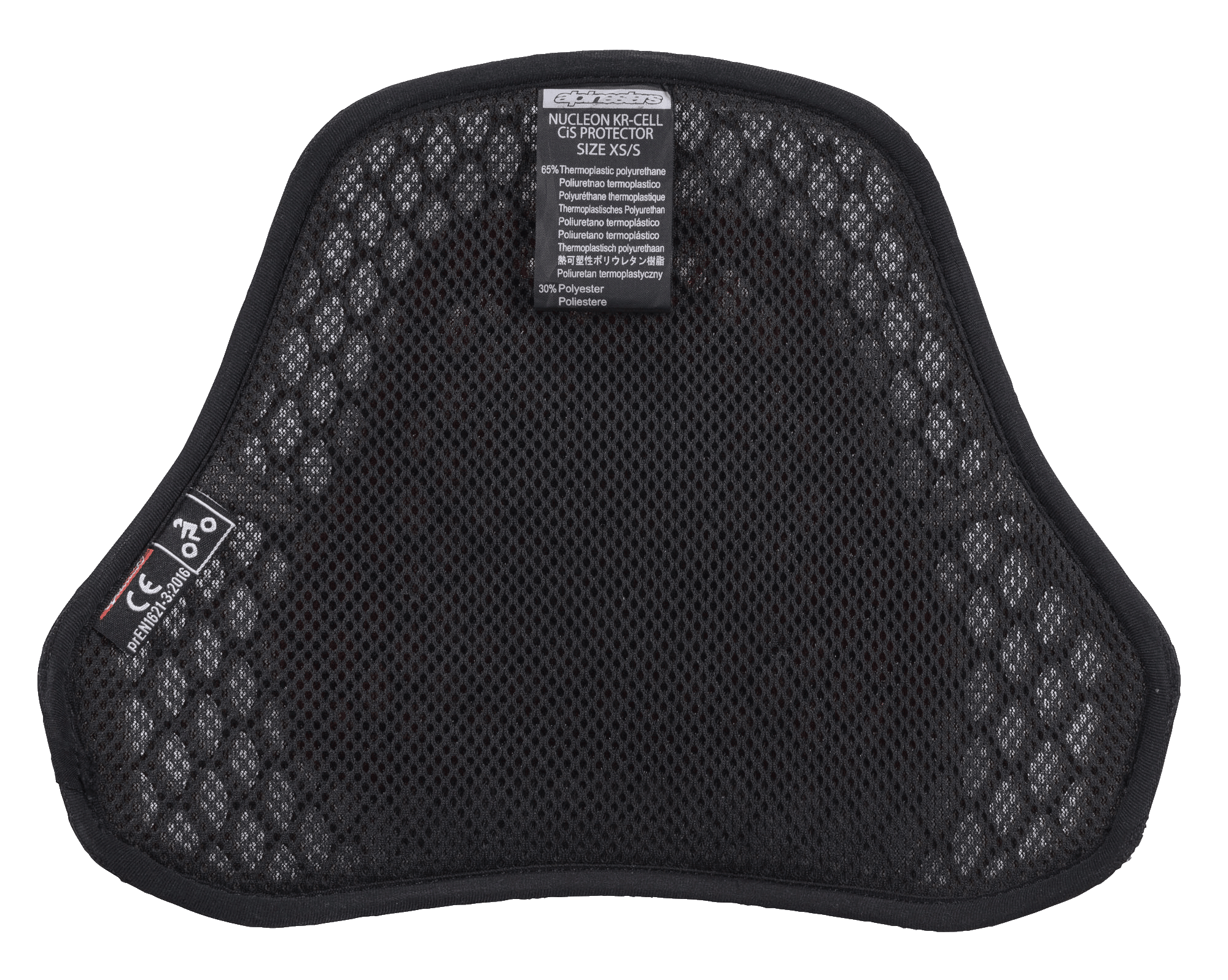 Alpinestars Nucleon KR Cell CiR Protectors, Motorcycle Chest Protector, Black airmesh interior with honeycomb microstructure, featuring CE certification label and soft lining for breathability and comfort