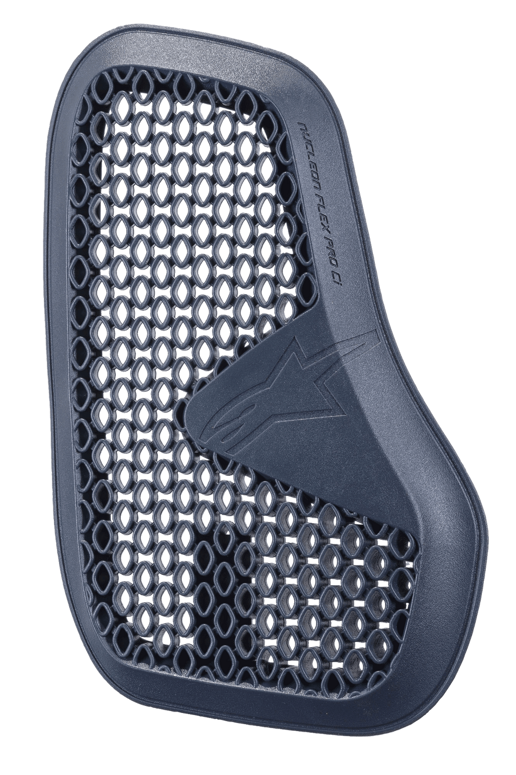 Alpinestars Nucleon Flex Pro Ci Protector, protetor de peito para motociclismo em cinzento antracite, peça esquerda de um conjunto dividido, microestrutura de malha em favo de mel para ventilação e absorção de energia, logótipo e texto Alpinestars em relevo, design ergonómico e leve