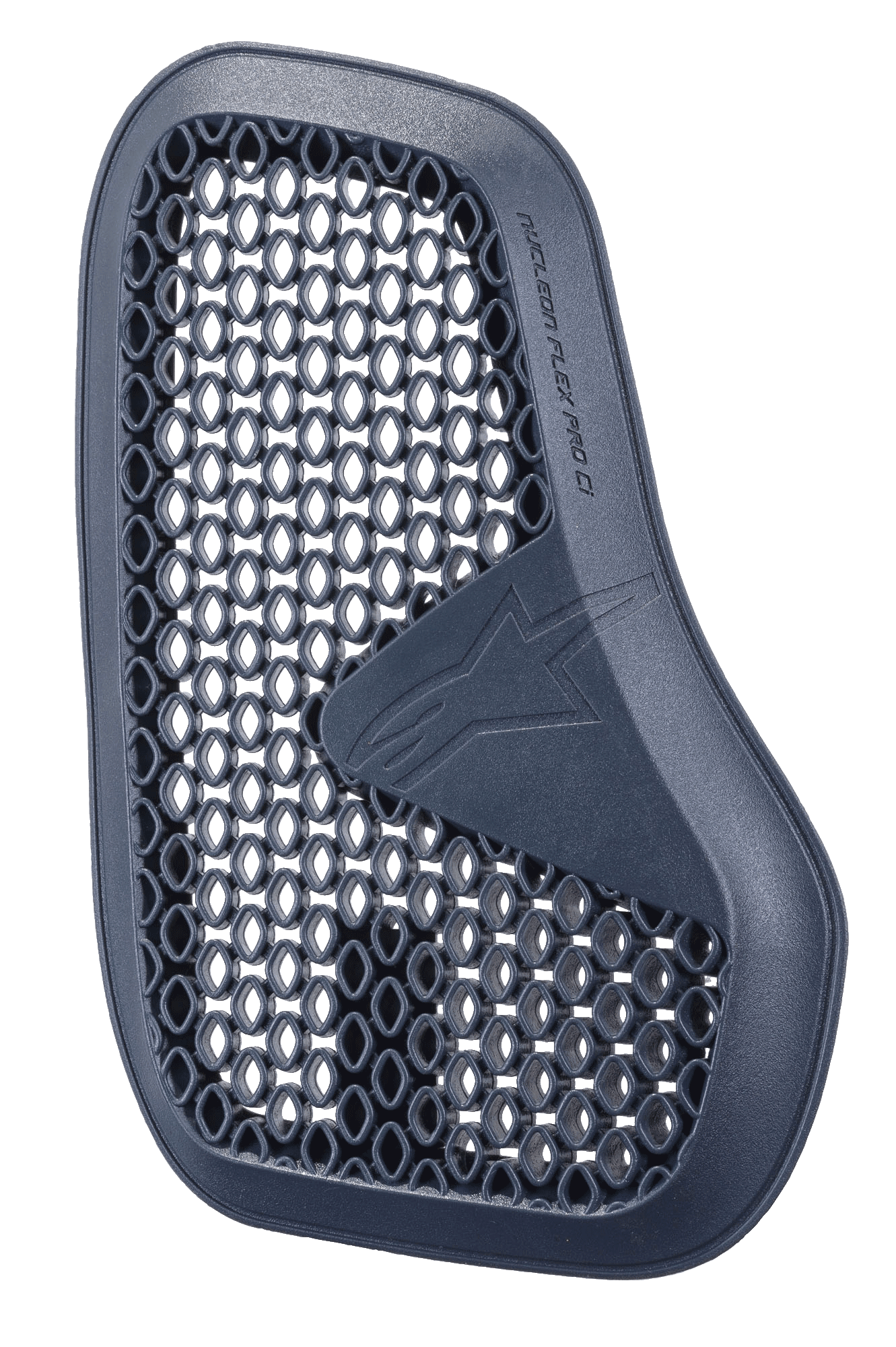 Alpinestars Nucleon Flex Pro Ci Protector, protetor de peito para motociclismo em cinzento antracite, peça esquerda de um conjunto dividido, microestrutura de malha em favo de mel para ventilação e absorção de energia, logótipo e texto Alpinestars em relevo, design ergonómico e leve