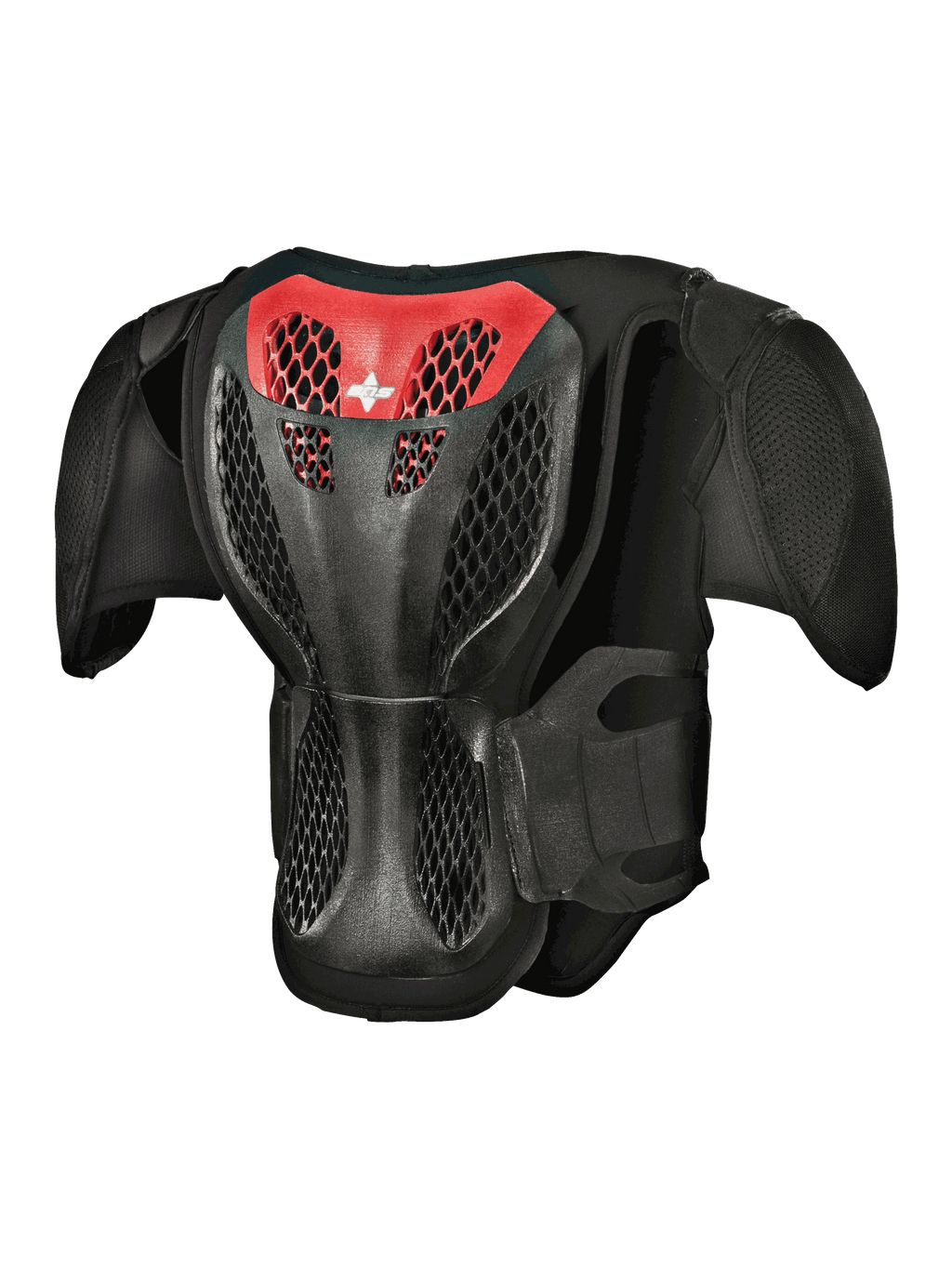 Alpinestars Youth A-5 S Body Armour, vista traseira, preto e vermelho, com placa traseira em estrutura de grade protetora, estrutura alveolar ventilada e ombreiras integradas para proteção de motocross todo-o-terreno
