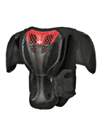 Alpinestars Youth A-5 S Body Armour, vista traseira, preto e vermelho, com placa traseira em estrutura de grade protetora, estrutura alveolar ventilada e ombreiras integradas para proteção de motocross todo-o-terreno