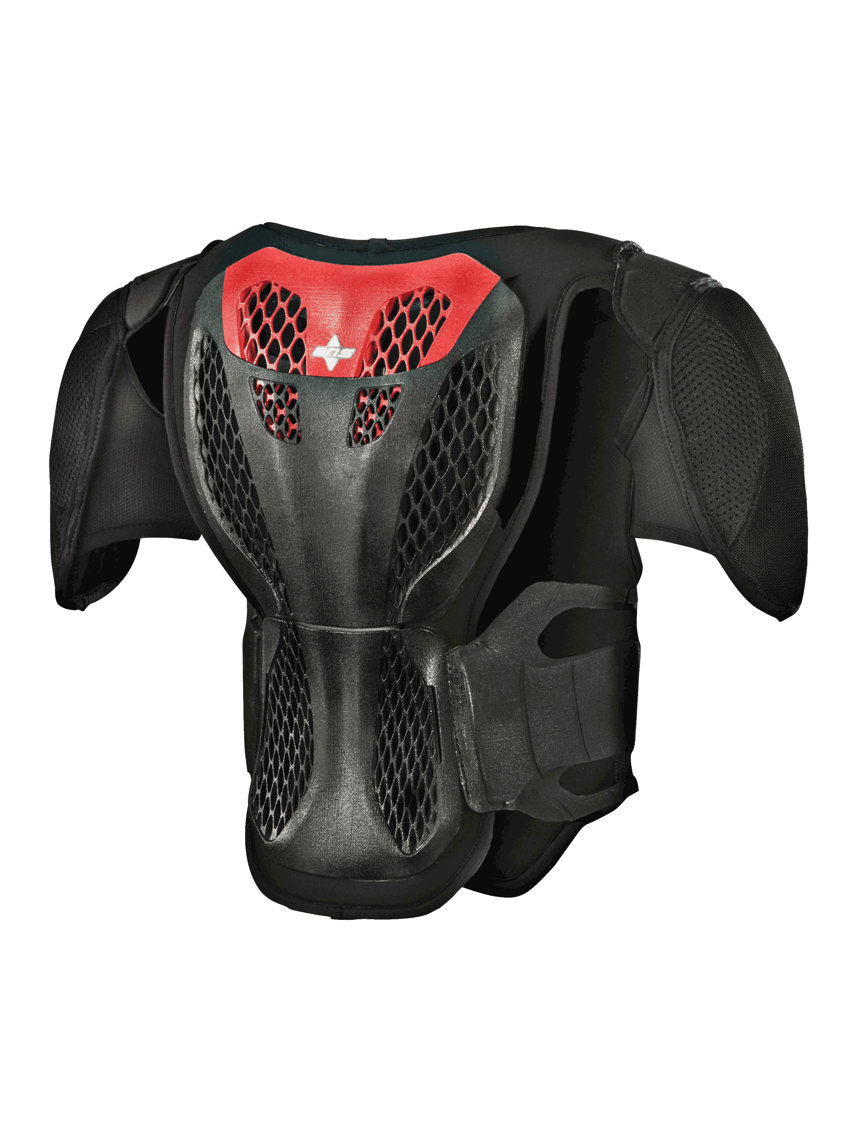 Alpinestars Youth A-5 S Body Armour, vista traseira, preto e vermelho, com placa traseira em estrutura de grade protetora, estrutura alveolar ventilada e ombreiras integradas para proteção de motocross todo-o-terreno