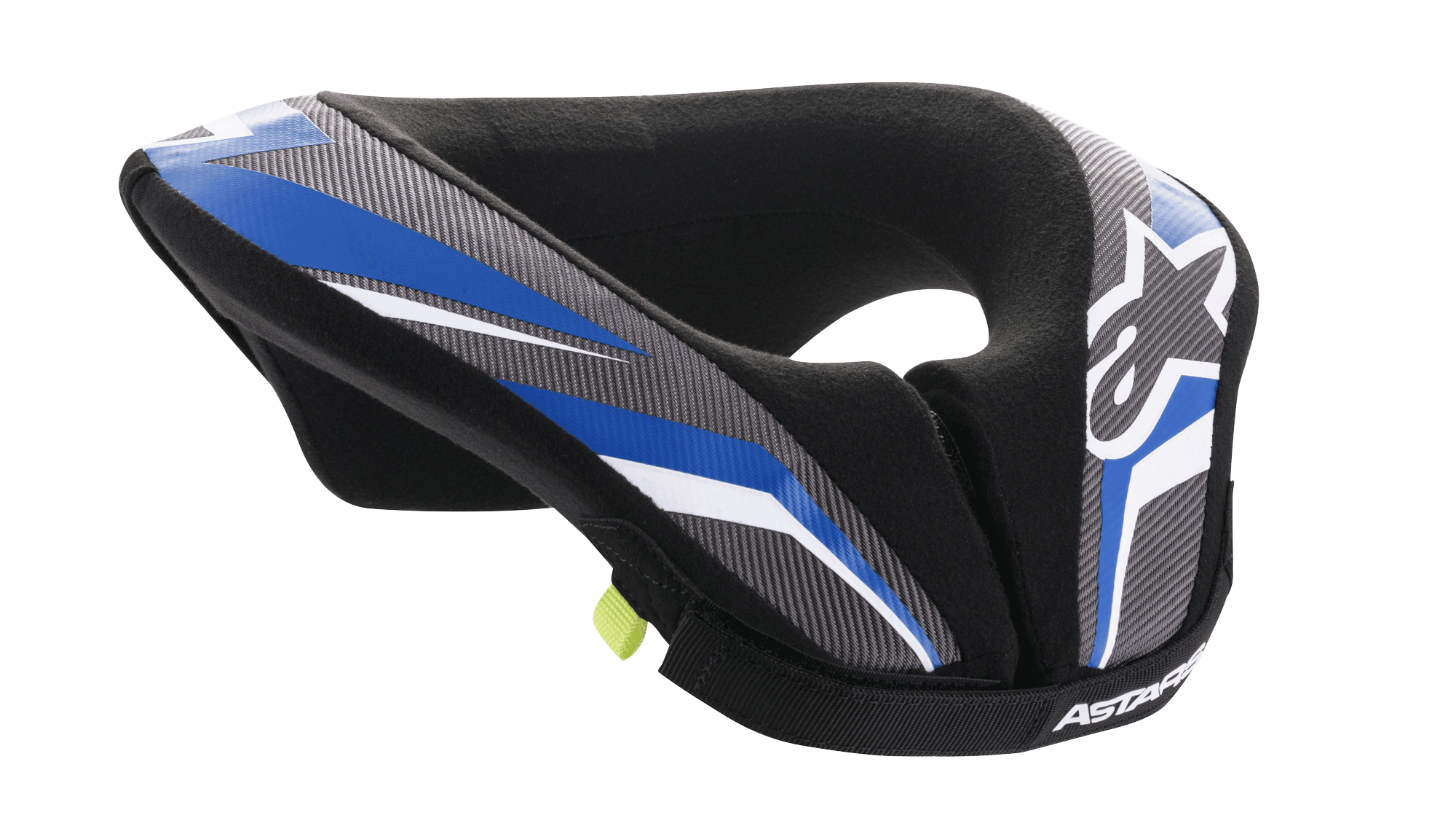 Alpinestars Youth Sequence Neck Roll, protetor de pescoço de motocross para jovens, preto, antracite e azul, com design ergonómico acolchoado, painéis com padrões em azul e cinzento, detalhes em branco, logótipo Alpinestars e forro interior macio para maior conforto
