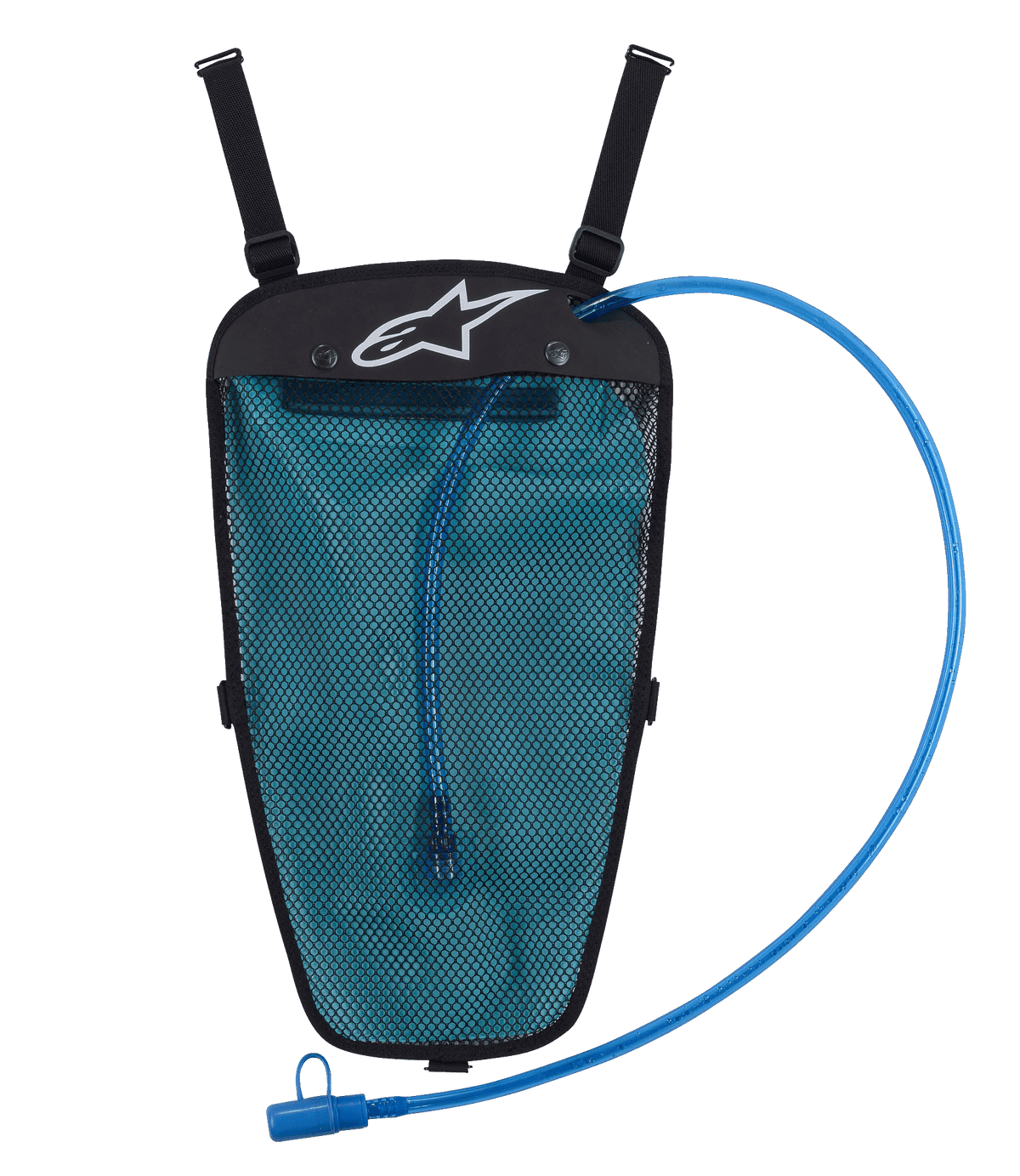 Alpinestars Hydration Pack, preto e azul, reservatório de água de 1,5L em bolsa de malha, tubo de hidratação azul com bocal, logótipo Astar branco, alças ajustáveis para integração em casacos, concebido para condução todo-o-terreno e aventura