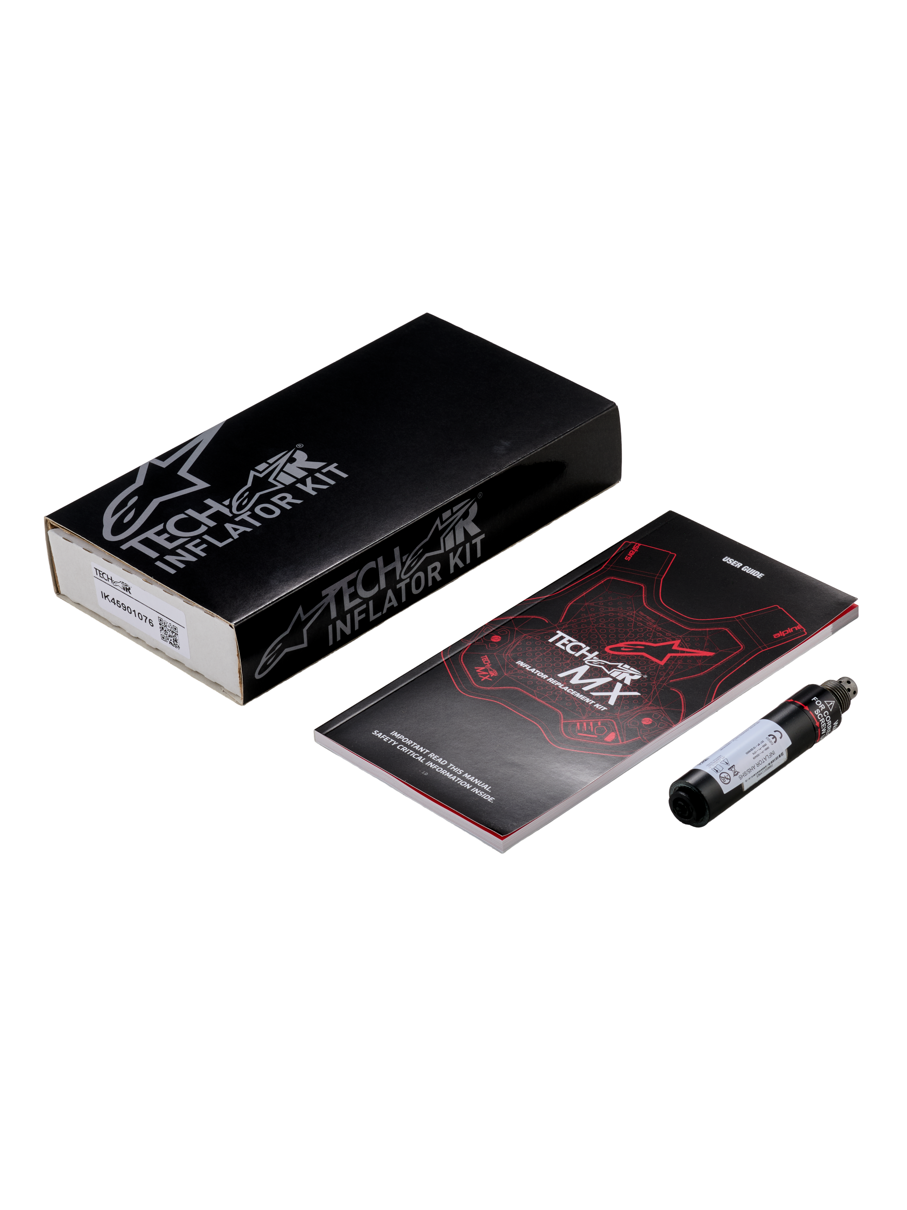 Alpinestars Tech-Air® MX Airbag System Replacement Canister kit, featuring a black cylindrical argon inflator cartridge, a user manual with red and white graphics, and a black retail box with white branding, essential motorcycle airbag safety maintenance equipment.