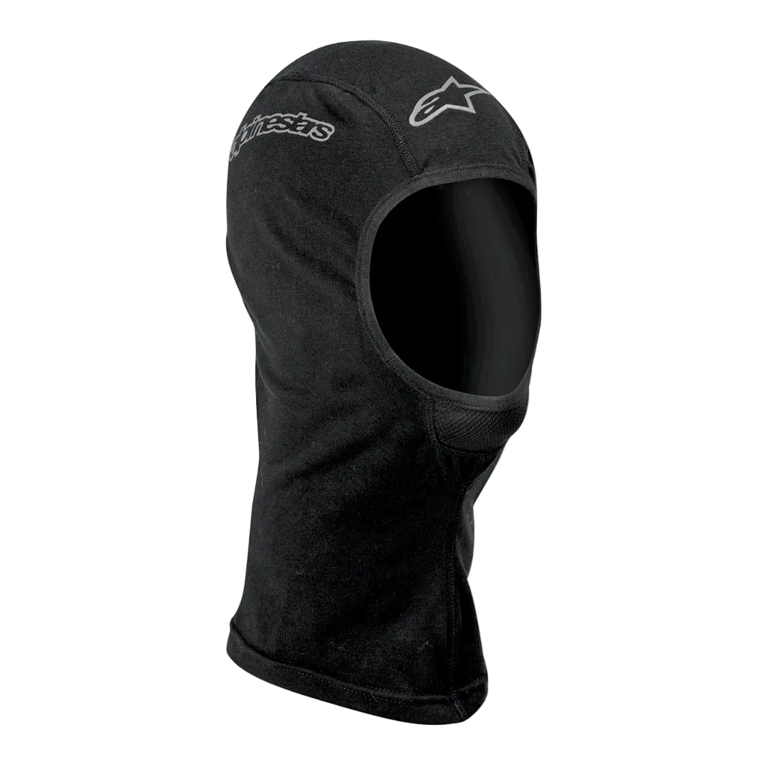Alpinestars Balaclava Face Aberta, roupa interior técnica para motociclismo, unissexo, preta, com logótipos prateados, design ergonómico, costuras flatlock e pescoço prolongado para proteção contra o vento e maior cobertura.