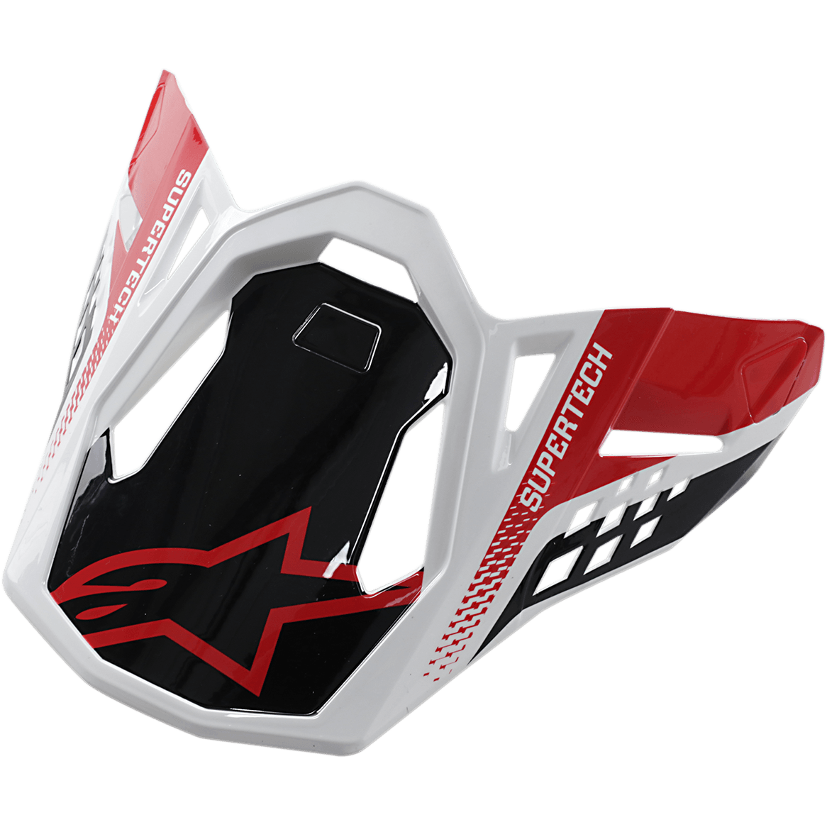 Alpinestars S-M8 Helmet Visor Triple, acessório para capacete de motocross, preto, vermelho e branco, com marca SUPERTECH e logótipo Alpinestars vermelho, design geométrico angular com acabamento brilhante, pala de substituição para capacete de todo-o-terreno Supertech M8
