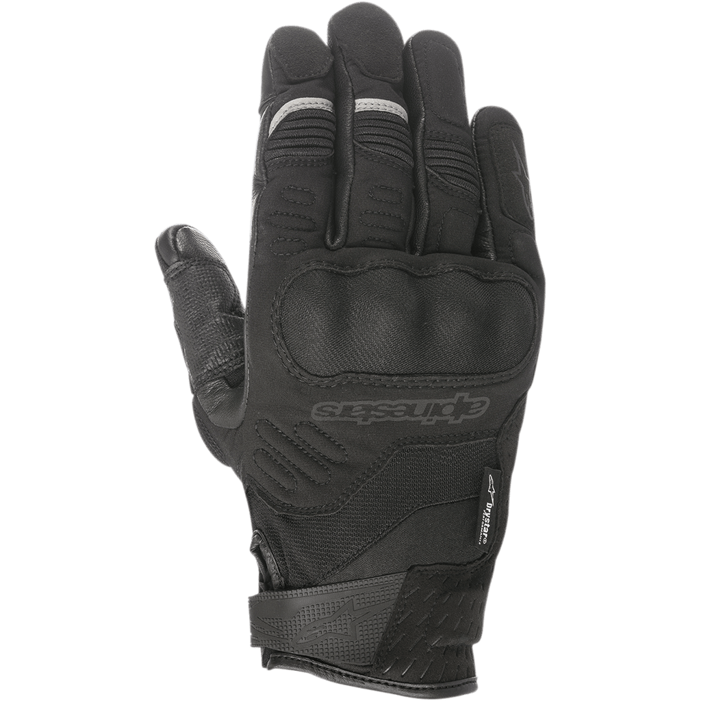 Alpinestars C-30 Drystar® Gloves, luvas de motociclismo pretas, proteção rígida sobre-moldada nos nós dos dedos, construção em tecido elástico e softshell, tira de velcro no pulso e detalhes refletores cinzentos nos dedos