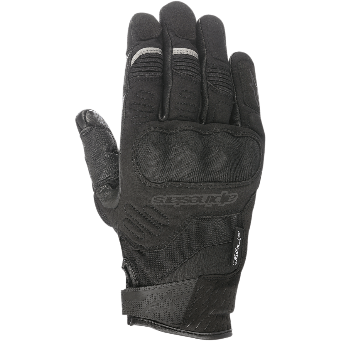 Alpinestars C-30 Drystar® Gloves, luvas de motociclismo pretas, proteção rígida sobre-moldada nos nós dos dedos, construção em tecido elástico e softshell, tira de velcro no pulso e detalhes refletores cinzentos nos dedos