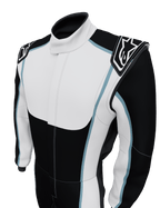 Alpinestars Tech Vision V3 macacão personalizado com comprimento ajustado, branco e preto com detalhes azuis, certificado FIA.