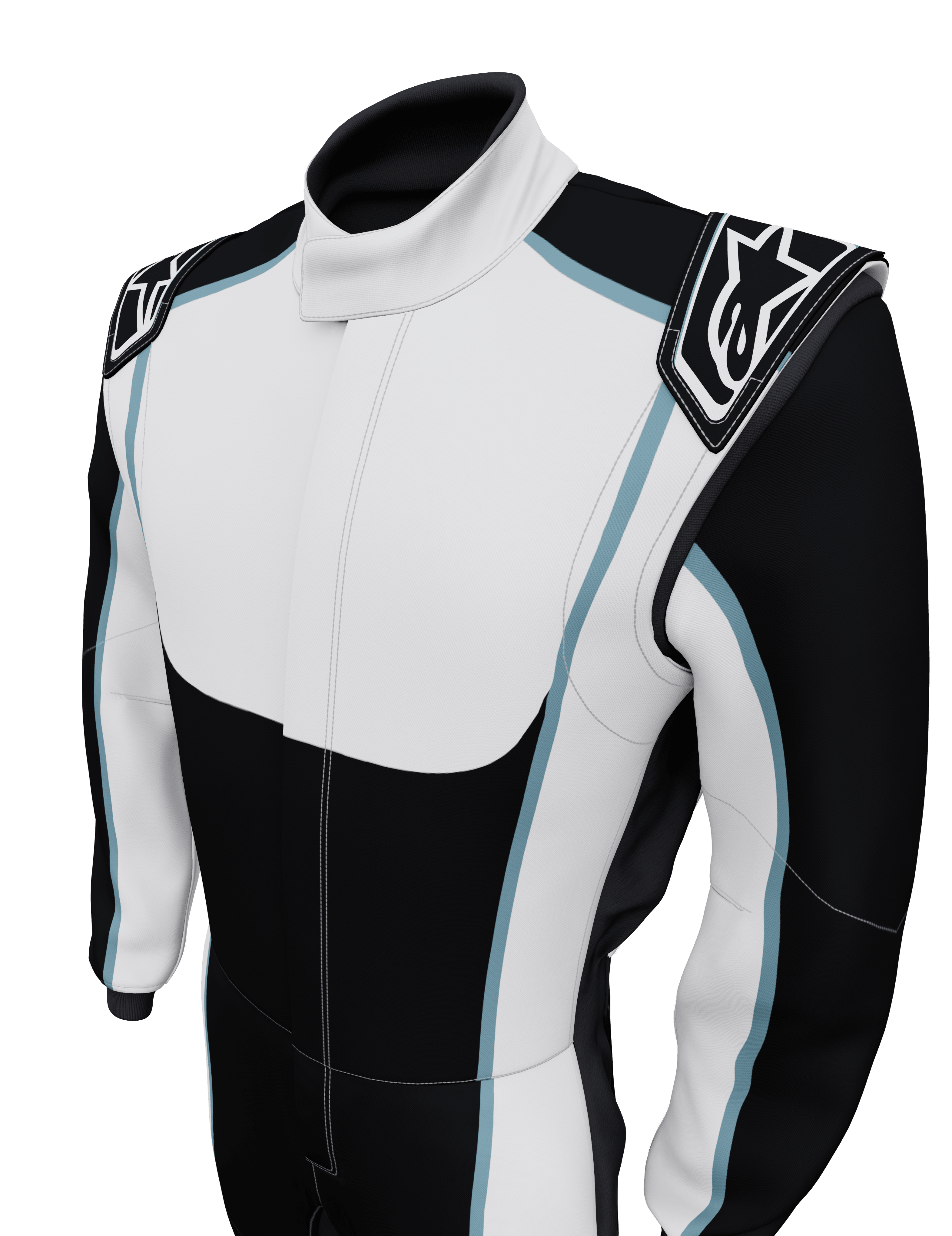 Macacão Personalizado Alpinestars Tech Vision V3, fato de automobilismo, preto e branco com detalhes em azul claro, com dragonas nos ombros com o logótipo Alpinestars, design profissional de automobilismo