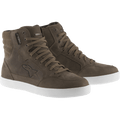 Alpinestars J-6 Waterproof Shoe, Brown High-Top Sneakers, White Rubber Soles, Casual Urban Motorcycle Footwear, featuring brown leather upper, padded ankle collar, and metal eyelets
