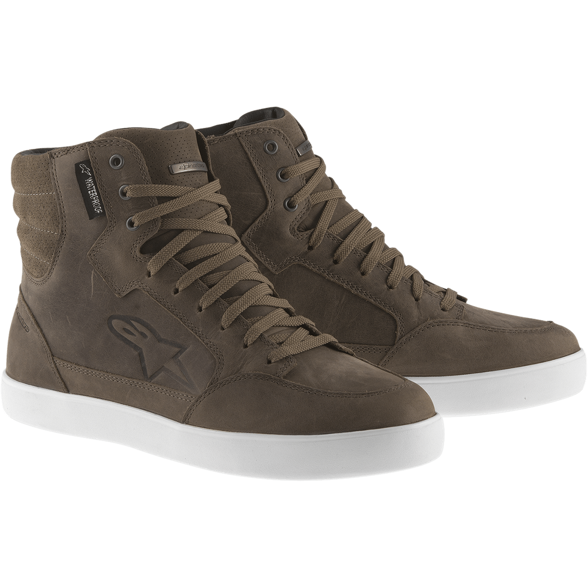 Alpinestars J-6 Waterproof Shoe, Brown High-Top Sneakers, White Rubber Soles, Casual Urban Motorcycle Footwear, featuring brown leather upper, padded ankle collar, and metal eyelets