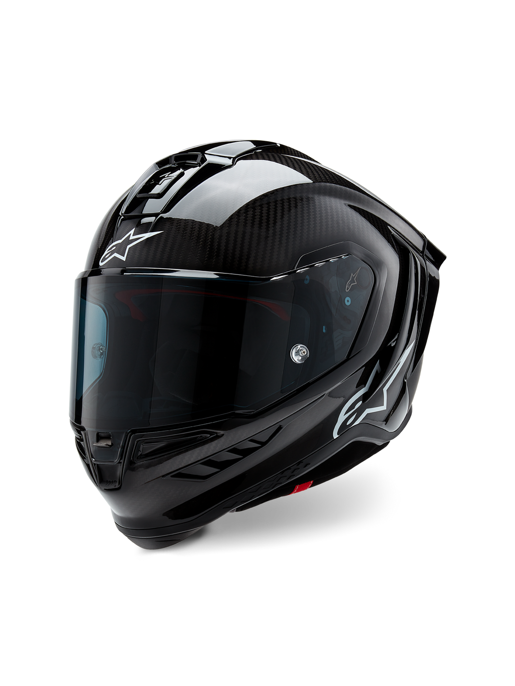 Capacete Alpinestars Supertech R10 Solid, capacete de corrida de motociclismo, carbono preto mate e brilhante, com trama de fibra de carbono visível, viseira escura, logótipos Astars brancos, design aerodinâmico elegante