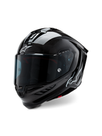 Capacete Alpinestars Supertech R10 Solid, capacete de corrida de motociclismo, carbono preto mate e brilhante, com trama de fibra de carbono visível, viseira escura, logótipos Astars brancos, design aerodinâmico elegante