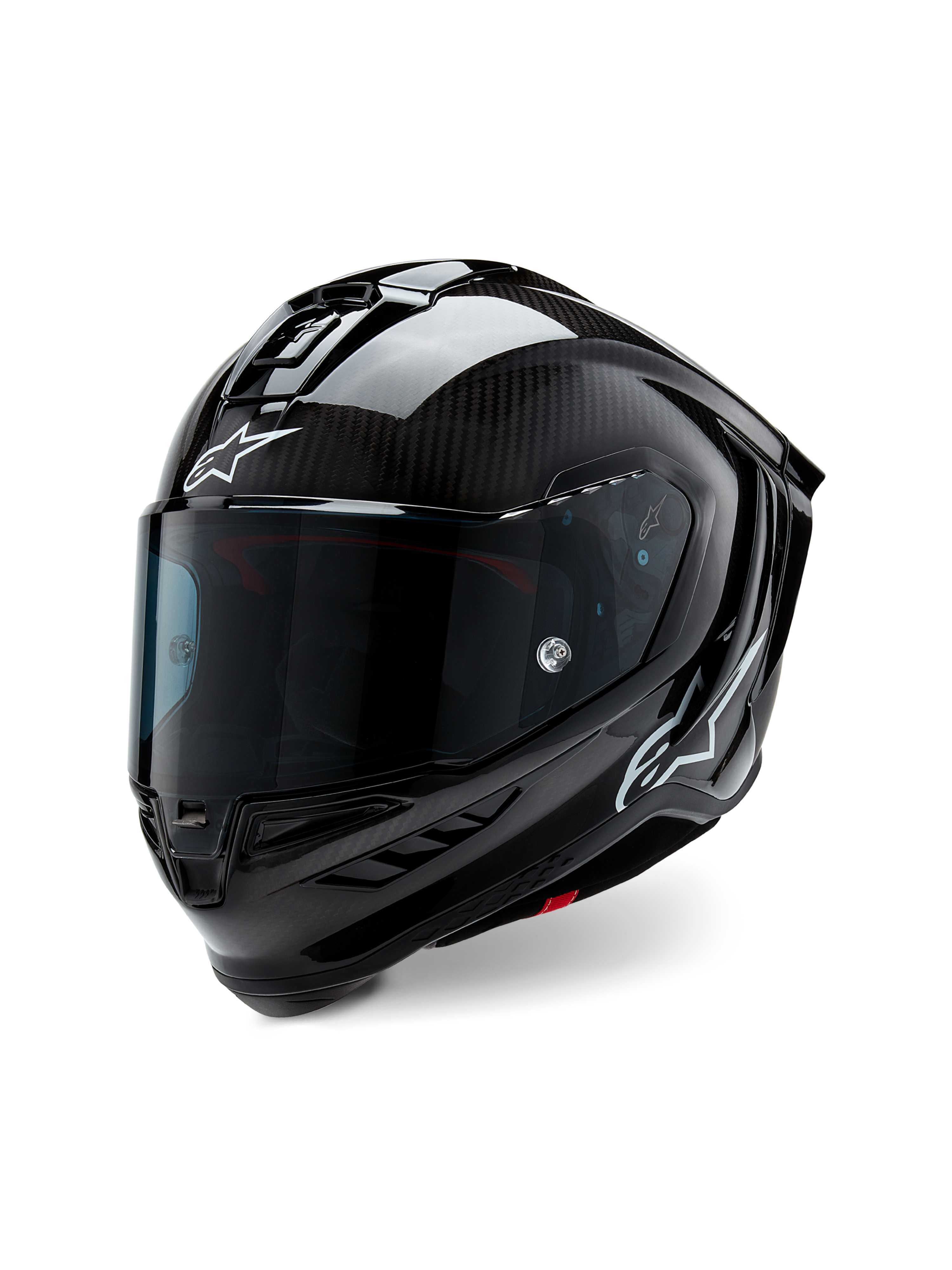 Capacete Alpinestars Supertech R10 Solid, capacete de corrida de motociclismo, carbono preto mate e brilhante, com trama de fibra de carbono visível, viseira escura, logótipos Astars brancos, design aerodinâmico elegante