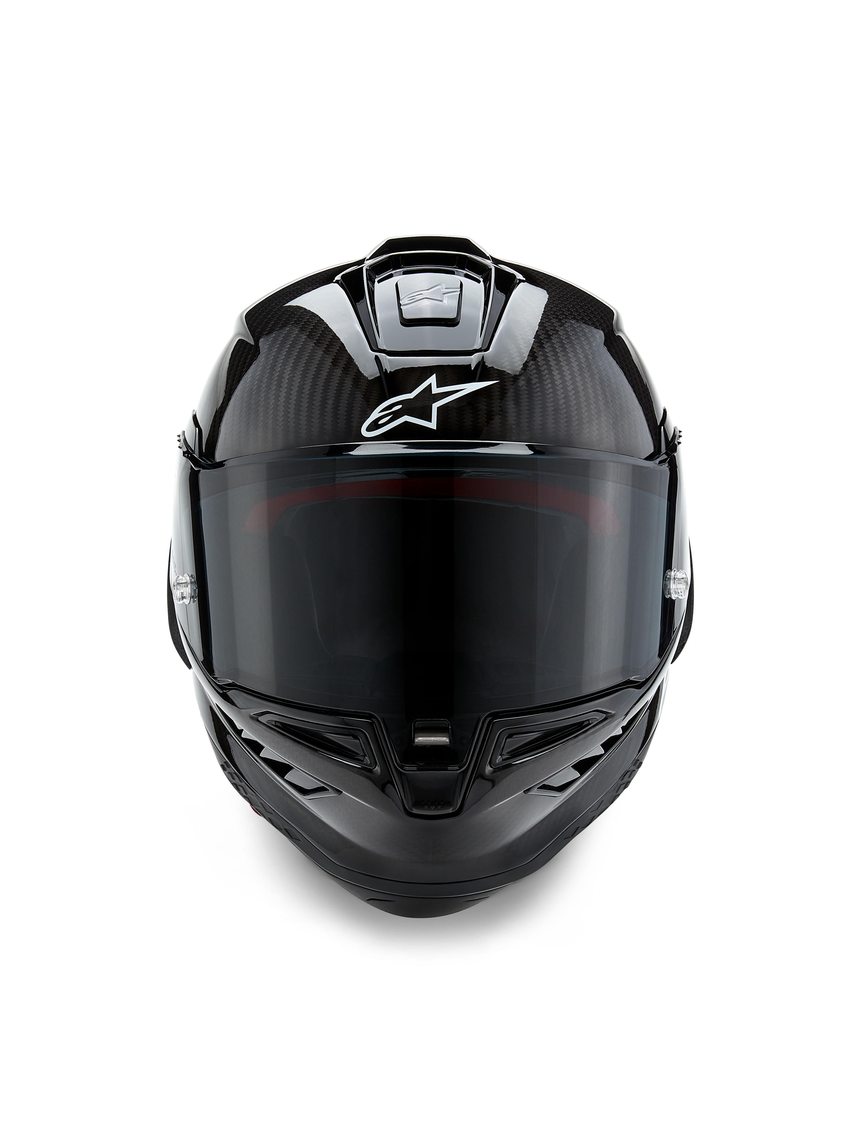 Capacete Alpinestars Supertech R10 Solid, vista frontal, acabamento em carbono preto mate e brilhante, trama de fibra de carbono visível, logótipo Alpinestars branco, viseira fumada escura, capacete de motociclismo de corrida aerodinâmico