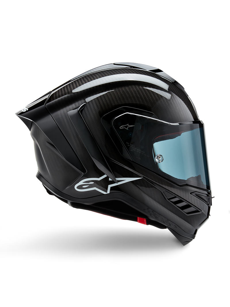 Alpinestars Supertech R10 Solid Helmet, full face motorcycle racing helmet, black carbon matte and glossy finish, featuring an aerodynamic profile and optical class 1 visor