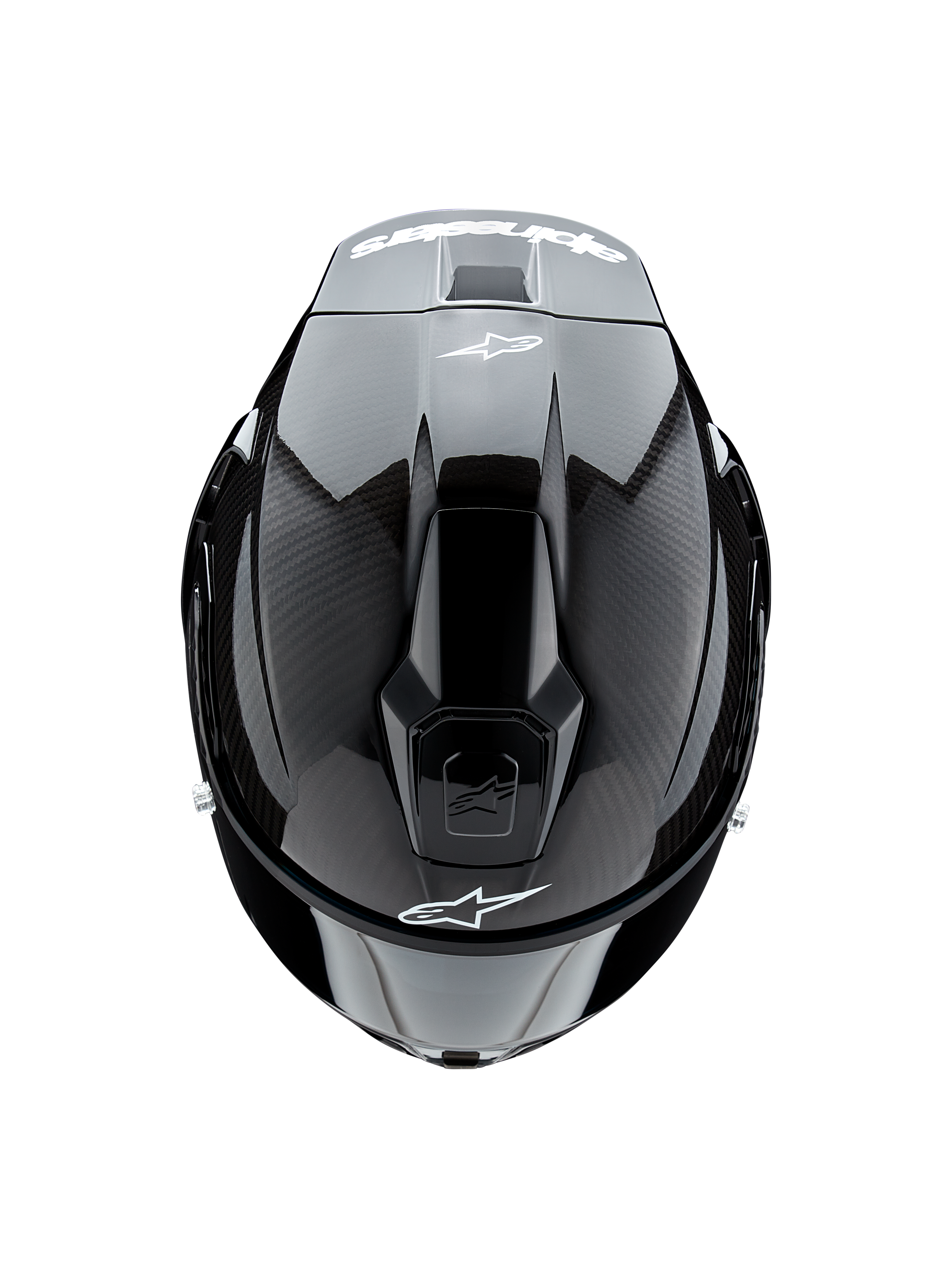 Capacete Alpinestars Supertech R10 Solid, vista superior, em carbono preto mate e brilhante, apresentando textura de fibra de carbono nas laterais, secção central brilhante, entradas de ar aerodinâmicas e logótipo Alpinestars branco na frente e na traseira