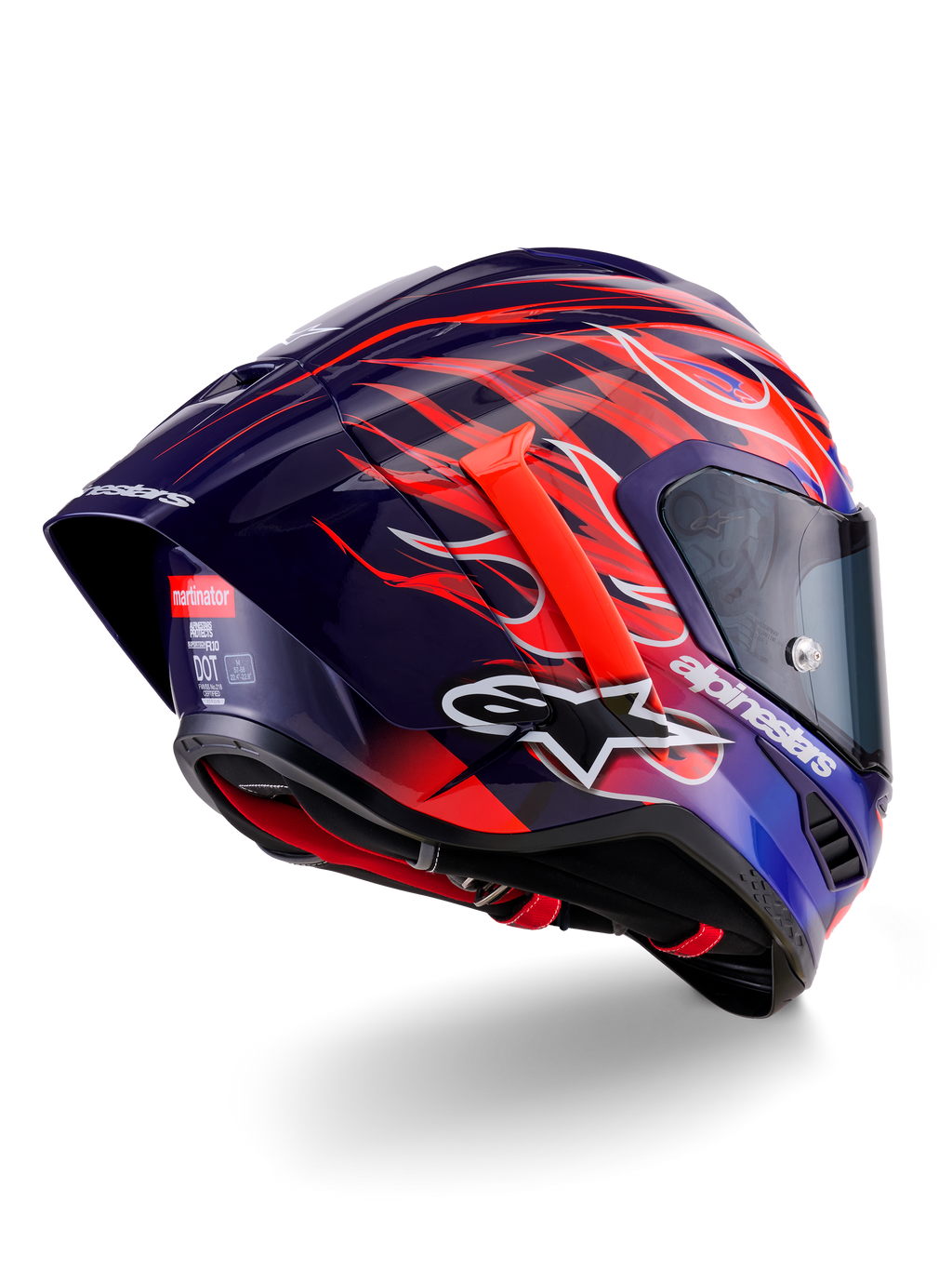 Capacete Alpinestars Supertech R10 Limited Edition Flyte, capacete de corrida integral, roxo profundo e azul brilhante com grafismos de chamas laranja e vermelhas, com o logótipo Alpinestars branco e spoiler traseiro aerodinâmico, proteção de cabeça de alta performance para desportos motorizados