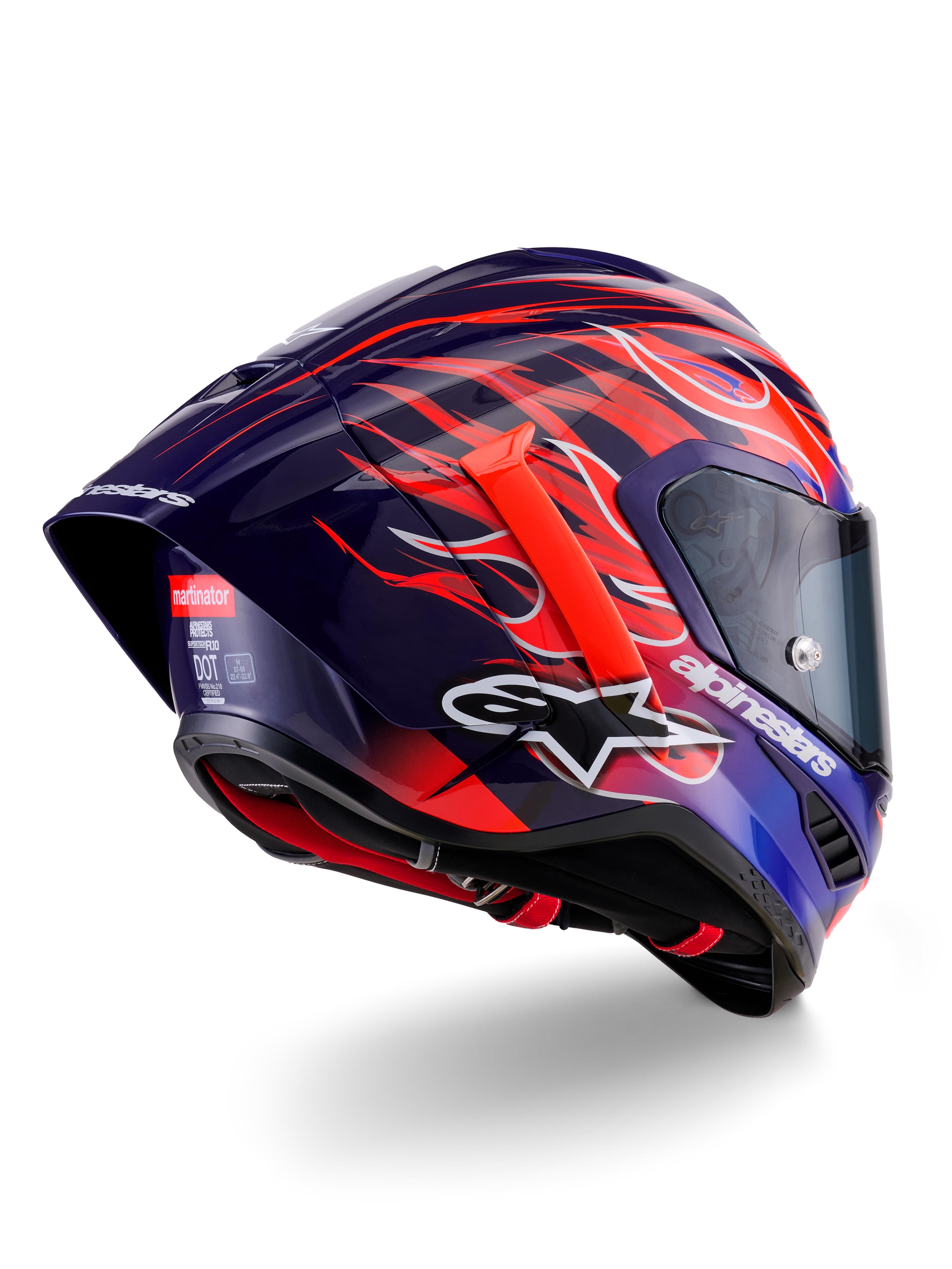 Capacete Alpinestars Supertech R10 Limited Edition Flyte, capacete de corrida integral, roxo profundo e azul brilhante com grafismos de chamas laranja e vermelhas, com o logótipo Alpinestars branco e spoiler traseiro aerodinâmico, proteção de cabeça de alta performance para desportos motorizados