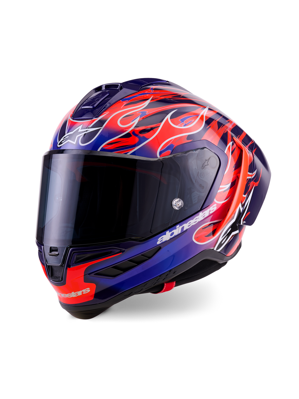 Capacete Alpinestars Supertech R10 Limited Edition Flyte, capacete integral de corrida, roxo e azul escuro com gráficos vibrantes de chamas laranja, com viseira escura e calota aerodinâmica, equipamento de alto desempenho para desporto motorizado