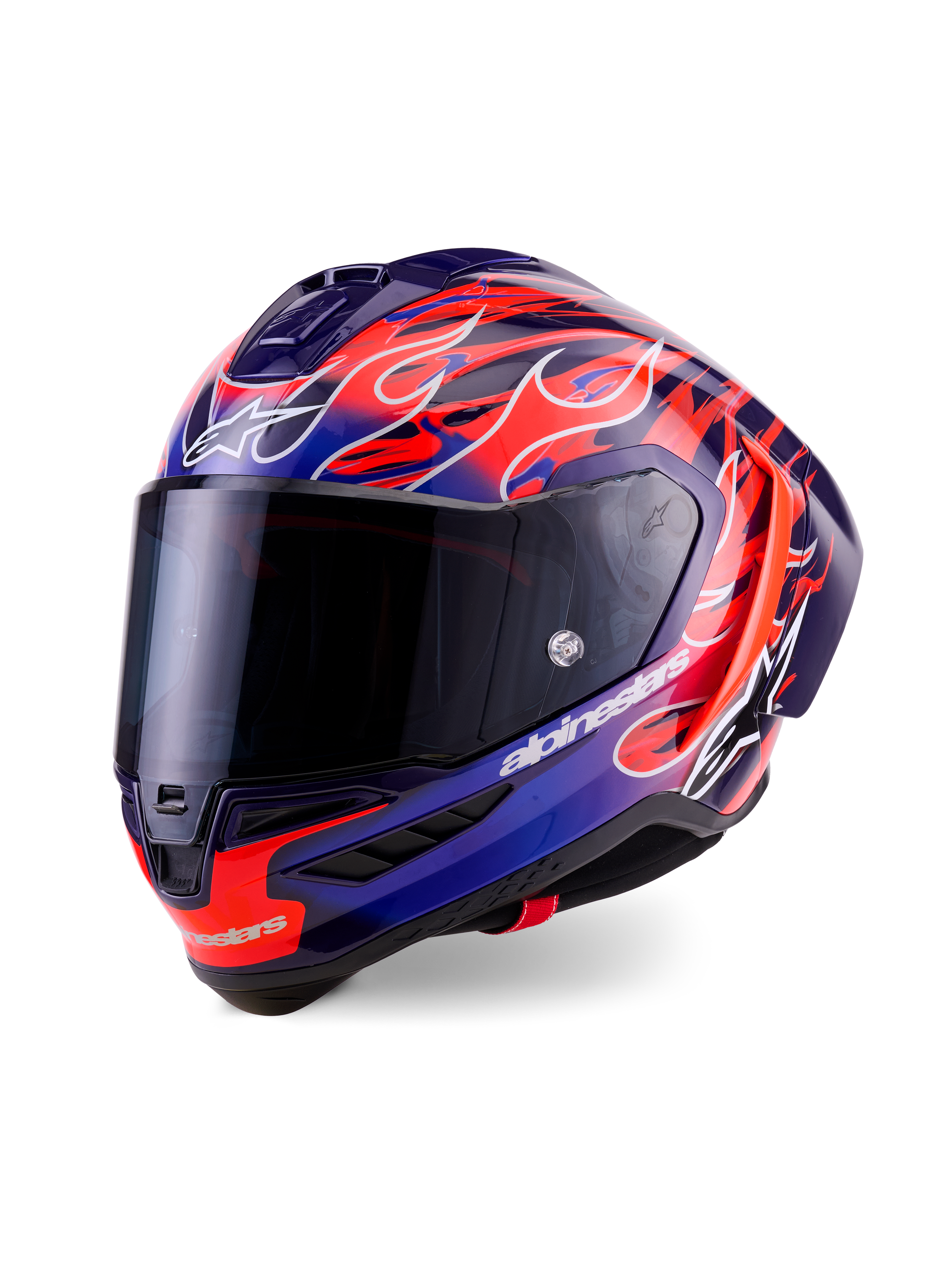 Capacete Alpinestars Supertech R10 Limited Edition Flyte, capacete integral de corrida, roxo e azul escuro com gráficos vibrantes de chamas laranja, com viseira escura e calota aerodinâmica, equipamento de alto desempenho para desporto motorizado