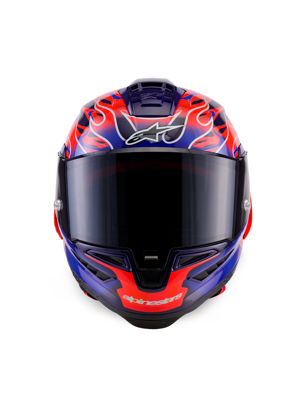 Capacete Alpinestars Supertech R10 Limited Edition Flyte, capacete de corrida integral, vista frontal, padrão de chamas roxas e laranja, viseira fumada escura, design aerodinâmico para condução de alto desempenho