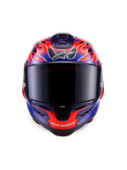 Capacete Alpinestars Supertech R10 Limited Edition Flyte, capacete de corrida integral, vista frontal, padrão de chamas roxas e laranja, viseira fumada escura, design aerodinâmico para condução de alto desempenho