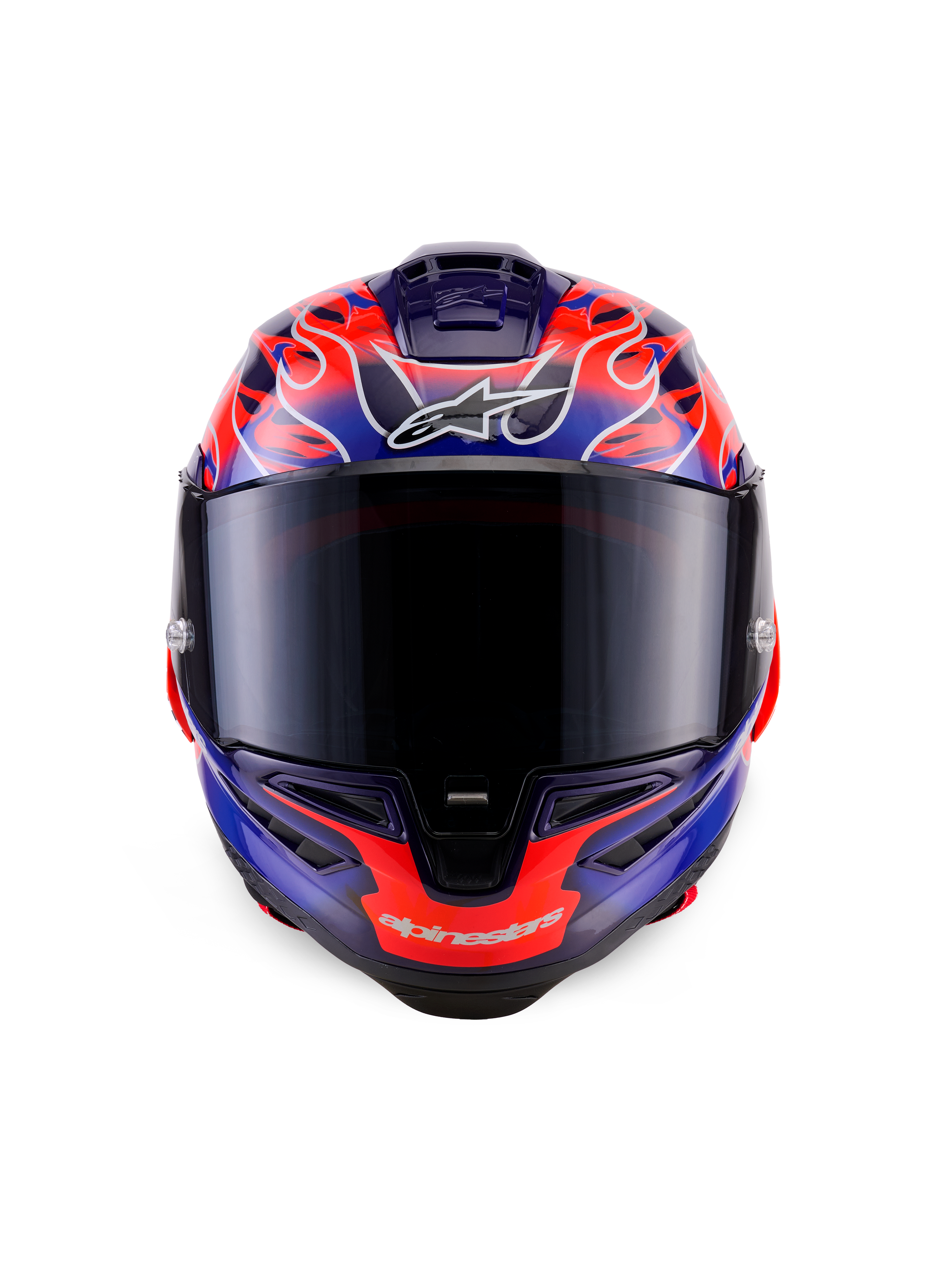 Capacete Alpinestars Supertech R10 Limited Edition Flyte, capacete de corrida integral, vista frontal, padrão de chamas roxas e laranja, viseira fumada escura, design aerodinâmico para condução de alto desempenho