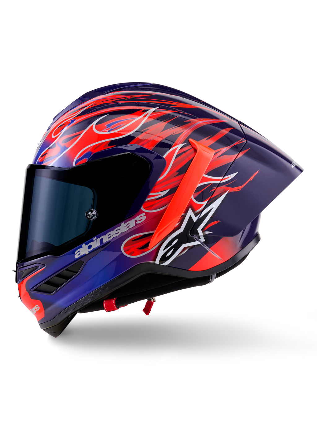 Alpinestars Supertech R10 Limited Edition Flyte Helmet, capacete de corrida integral, roxo e vermelho brilhante com grafismo de chamas, inclui viseira fumada escura e spoiler traseiro aerodinâmico