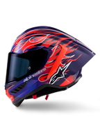 Alpinestars Supertech R10 Limited Edition Flyte Helmet, capacete de corrida integral, roxo e vermelho brilhante com grafismo de chamas, inclui viseira fumada escura e spoiler traseiro aerodinâmico