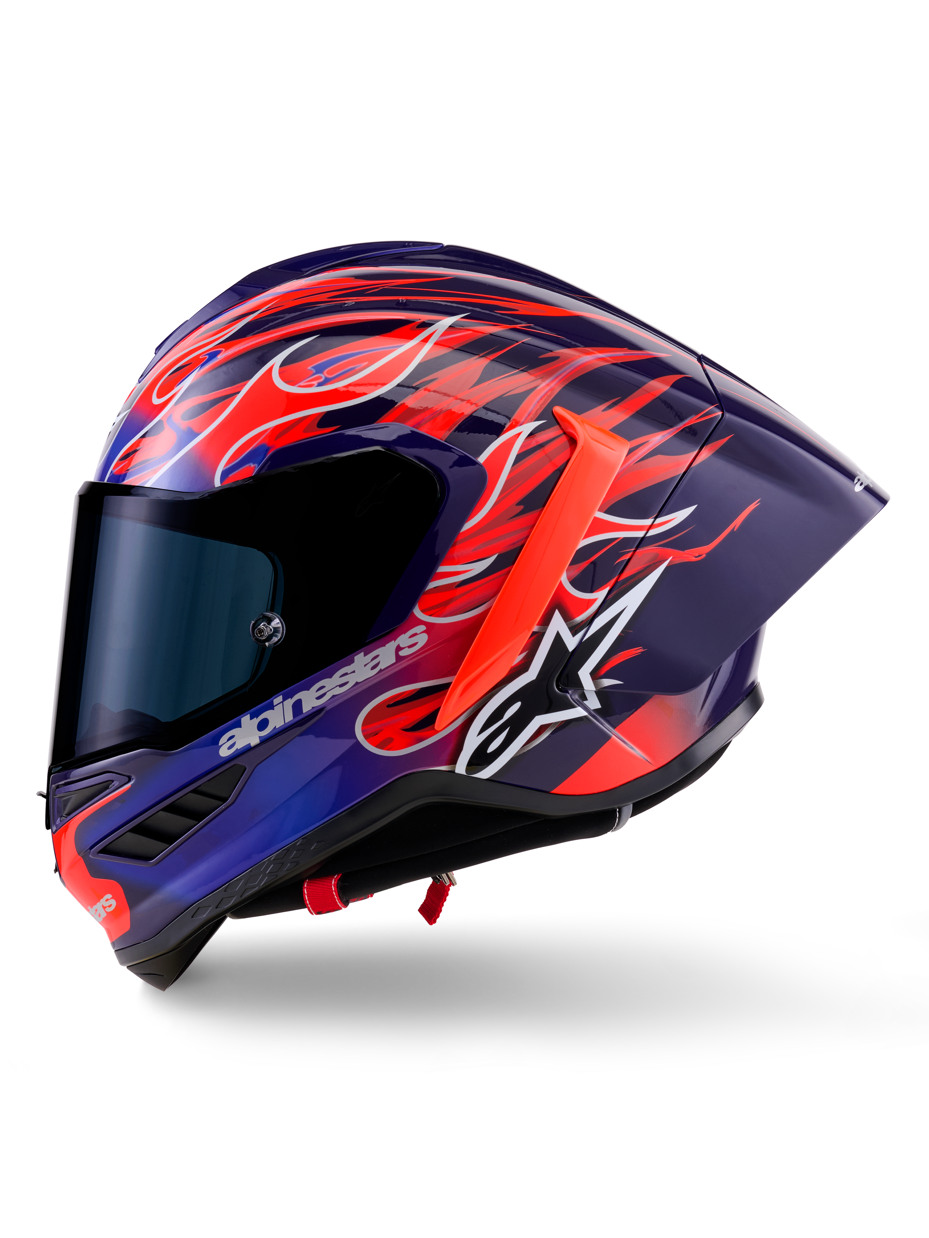 Alpinestars Supertech R10 Limited Edition Flyte Helmet, capacete de corrida integral, roxo e vermelho brilhante com grafismo de chamas, inclui viseira fumada escura e spoiler traseiro aerodinâmico