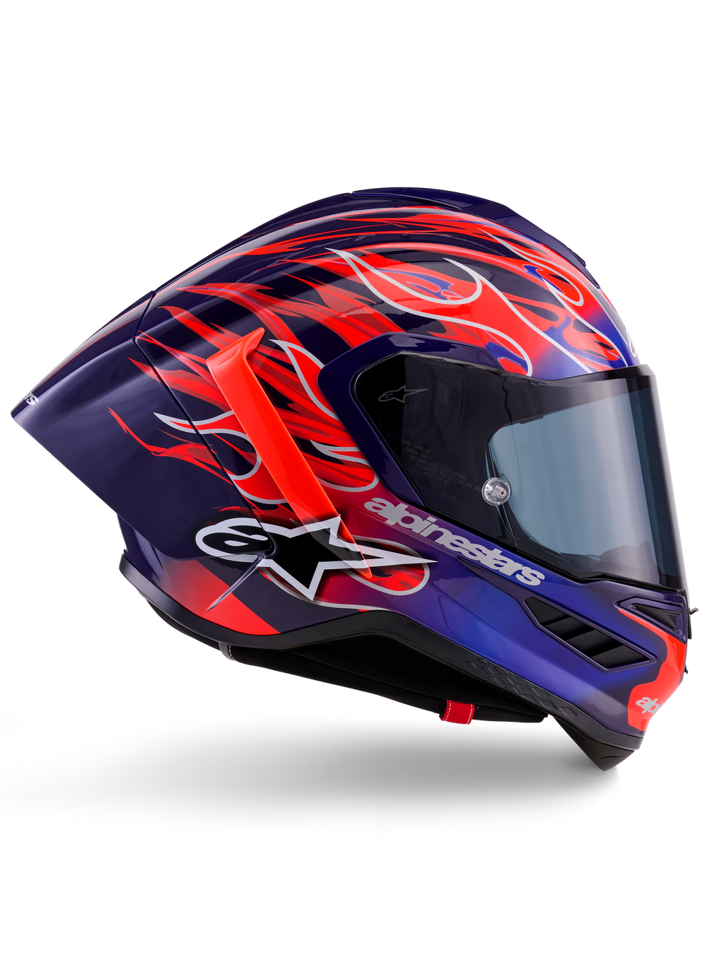 Capacete Alpinestars Supertech R10 Limited Edition Flyte, Purple Red Glossy, capacete integral de motociclismo com base em azul escuro e púrpura e motivos de chamas vibrantes em laranja e vermelho, perfil aerodinâmico com spoiler traseiro vermelho e viseira fumada escura, equipamento de competição profissional