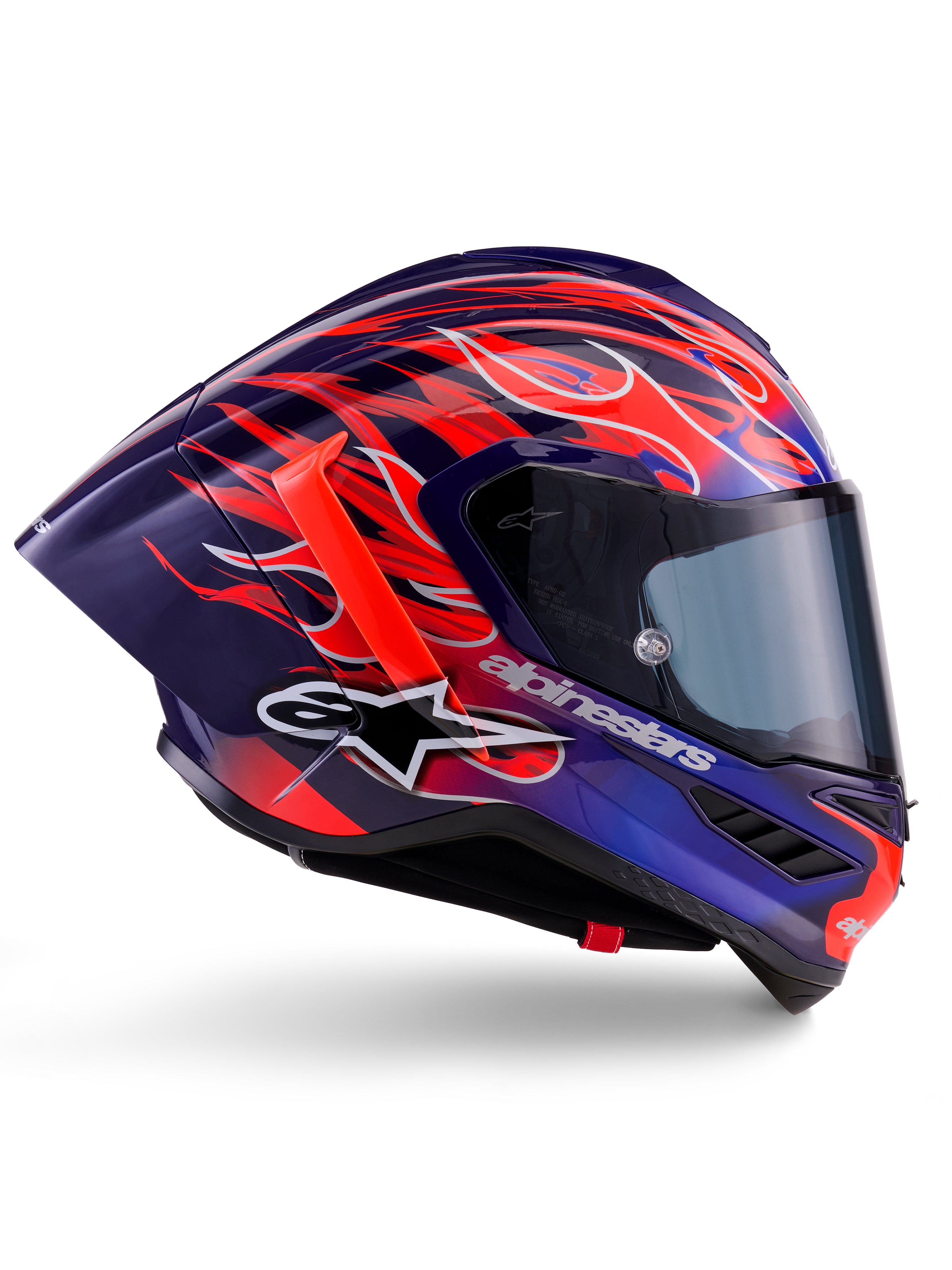 Capacete Alpinestars Supertech R10 Limited Edition Flyte, Purple Red Glossy, capacete integral de motociclismo com base em azul escuro e púrpura e motivos de chamas vibrantes em laranja e vermelho, perfil aerodinâmico com spoiler traseiro vermelho e viseira fumada escura, equipamento de competição profissional