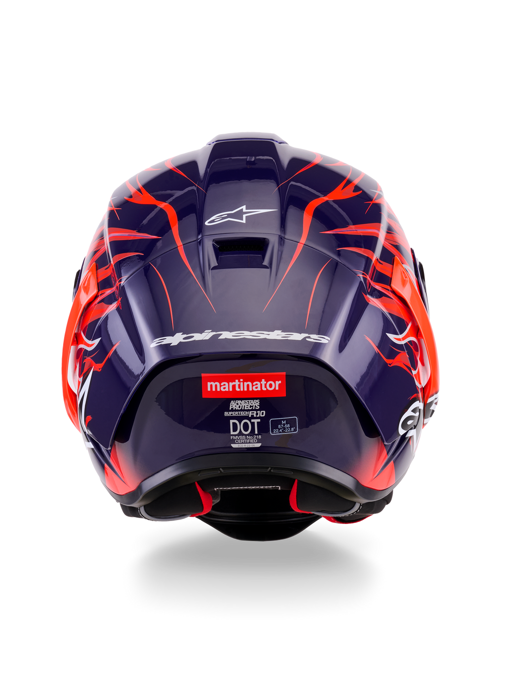 Vista traseira do Capacete Alpinestars Supertech R10 Limited Edition Flyte, com uma calota roxa escura brilhante, gráficos de chamas laranja vibrantes, logótipos Alpinestars brancos e o logótipo 'martinator' na parte traseira.