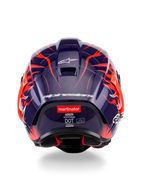 Vista traseira do Capacete Alpinestars Supertech R10 Limited Edition Flyte, com uma calota roxa escura brilhante, gráficos de chamas laranja vibrantes, logótipos Alpinestars brancos e o logótipo 'martinator' na parte traseira.