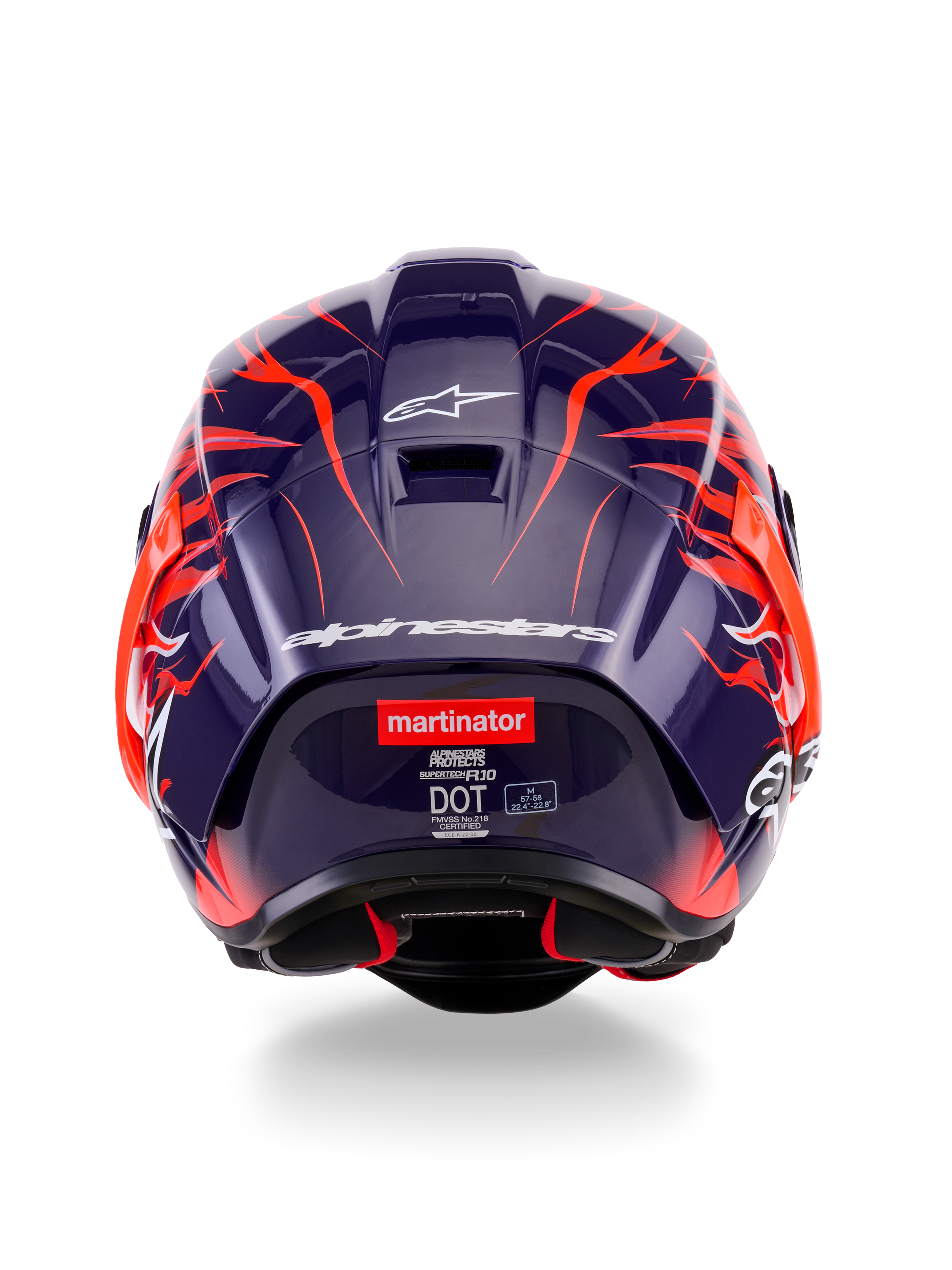 Vista traseira do Capacete Alpinestars Supertech R10 Limited Edition Flyte, com uma calota roxa escura brilhante, gráficos de chamas laranja vibrantes, logótipos Alpinestars brancos e o logótipo 'martinator' na parte traseira.