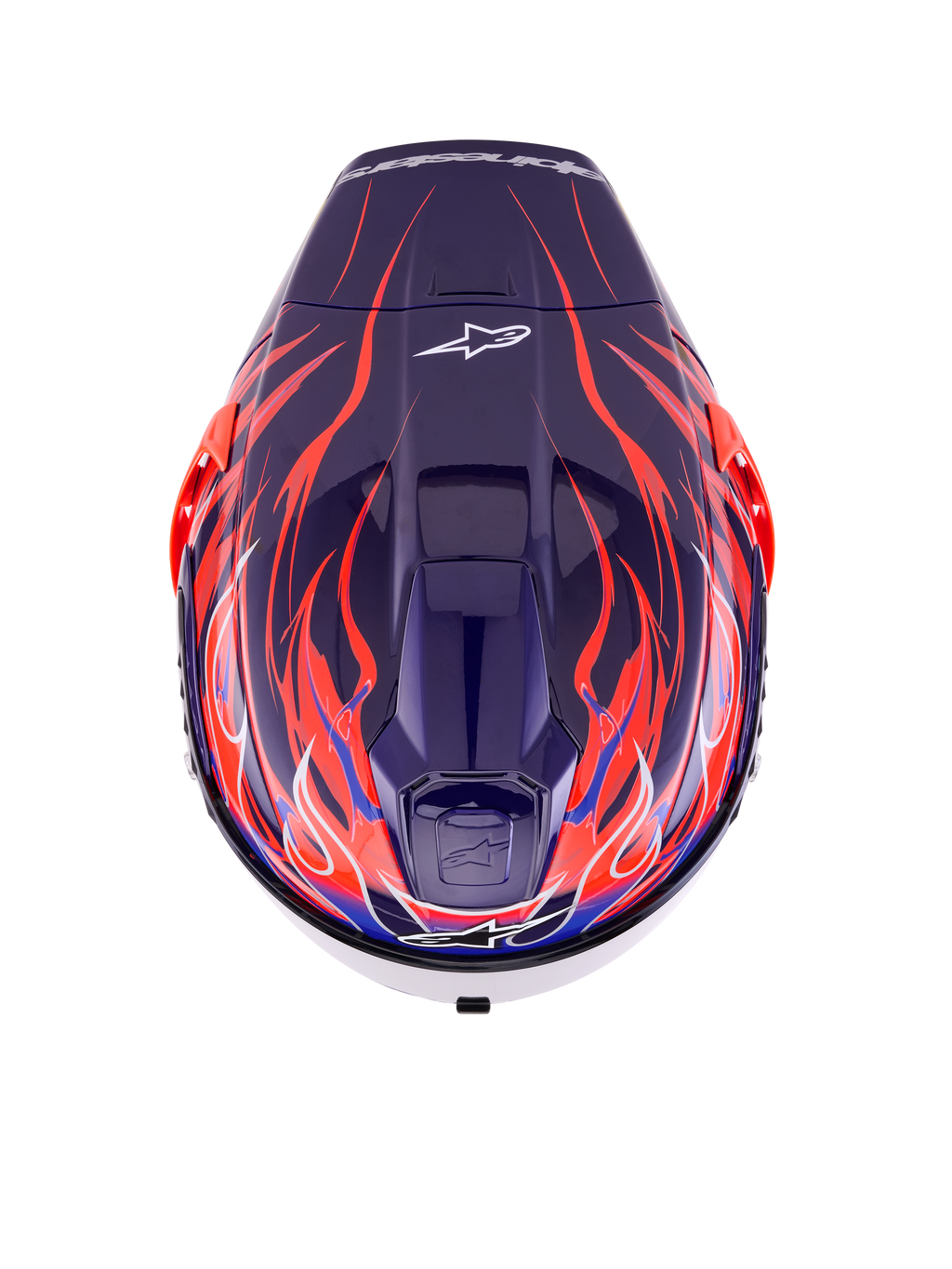 Capacete Alpinestars Supertech R10 Limited Edition Flyte, capacete de corrida integral, roxo e vermelho brilhante com motivos de chamas em azul profundo e laranja vibrante, vista superior mostrando as entradas de ar superiores e o logótipo Alpinestars, design aerodinâmico profissional para condução de alta performance