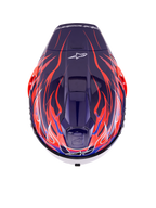 Capacete Alpinestars Supertech R10 Limited Edition Flyte, capacete de corrida integral, roxo e vermelho brilhante com motivos de chamas em azul profundo e laranja vibrante, vista superior mostrando as entradas de ar superiores e o logótipo Alpinestars, design aerodinâmico profissional para condução de alta performance