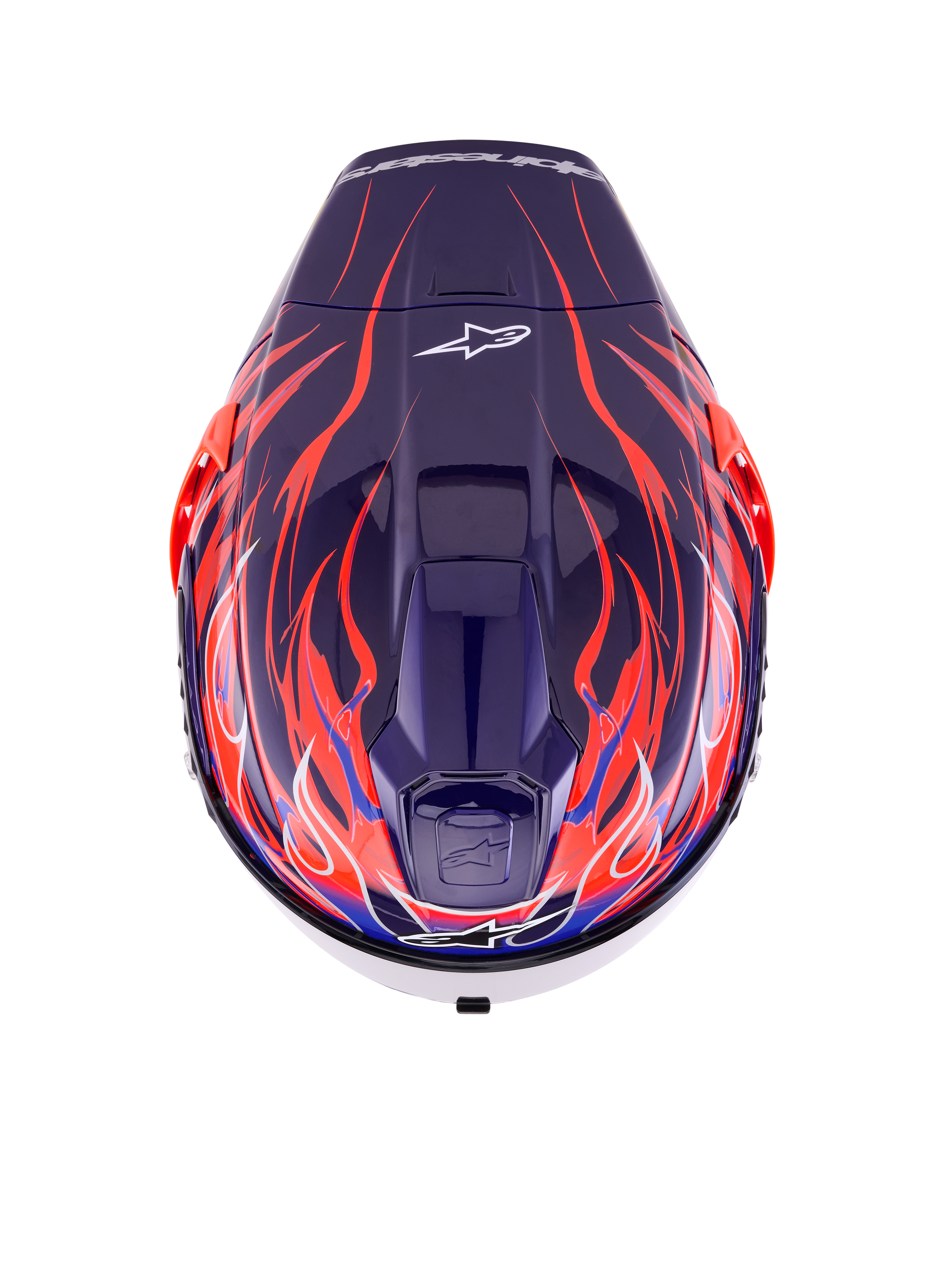 Capacete Alpinestars Supertech R10 Limited Edition Flyte, capacete de corrida integral, roxo e vermelho brilhante com motivos de chamas em azul profundo e laranja vibrante, vista superior mostrando as entradas de ar superiores e o logótipo Alpinestars, design aerodinâmico profissional para condução de alta performance