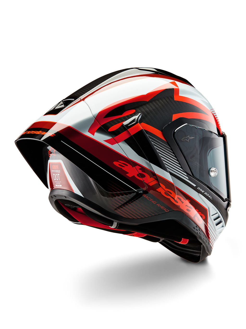 Alpinestars Supertech R10 Team Helmet, Full-Face Racing Helmet, Black Carbon Red and White Glossy, aerodynamic design with rear spoiler and visible carbon fiber texture, featuring bold Alpinestars logos and DOT certification label