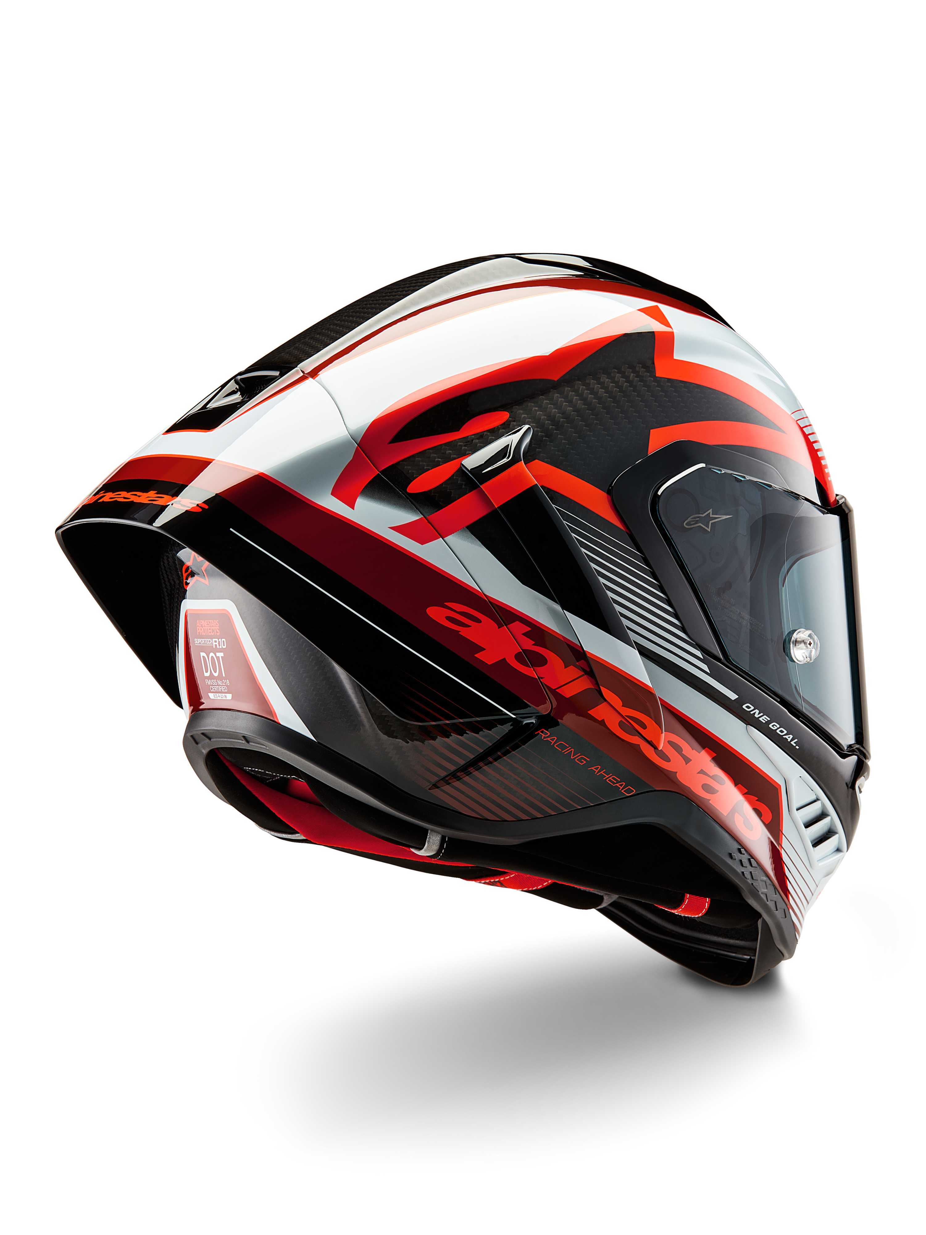 Alpinestars Supertech R10 Team Helmet, Full-Face Racing Helmet, Black Carbon Red and White Glossy, aerodynamic design with rear spoiler and visible carbon fiber texture, featuring bold Alpinestars logos and DOT certification label