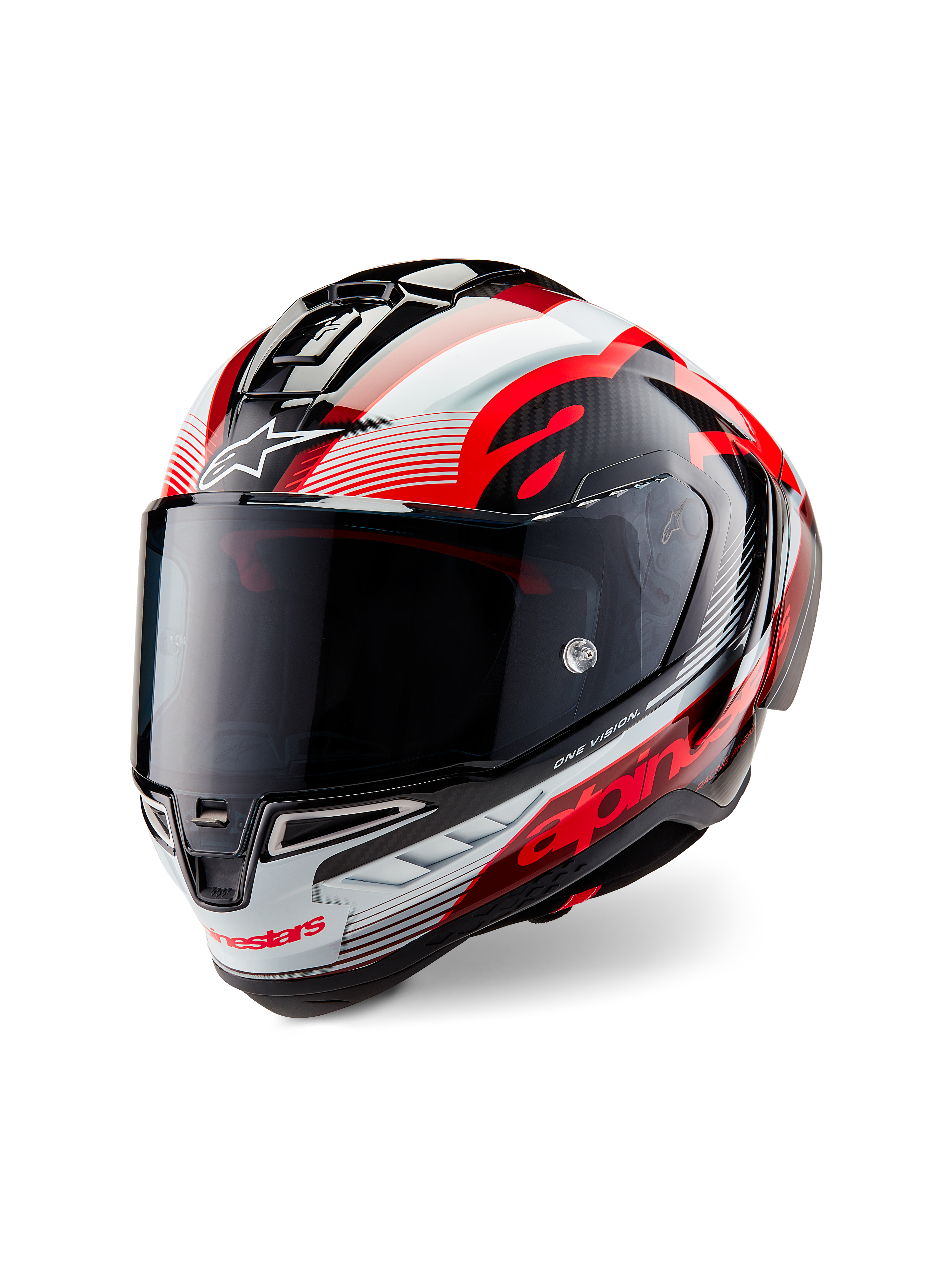 Alpinestars Supertech R10 Team Helmet, Full-face motorcycle helmet, Glossy Black Carbon with Red and White graphics, aerodynamic shell, featuring bold Alpinestars branding and tinted visor