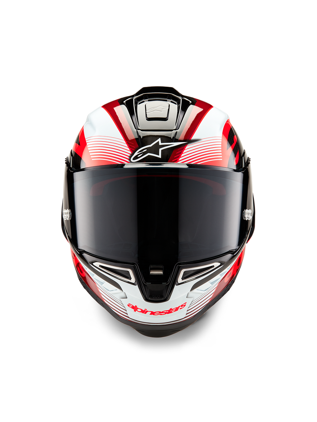 Alpinestars Supertech R10 Team Helmet, Front View, Black Carbon Red and White Glossy, featuring a dark smoke visor, white Astar logo on forehead, red Alpinestars branding on chin bar, aerodynamic race-ready design with intricate graphics