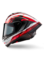 Alpinestars Supertech R10 Team Helmet, full-face motorcycle racing helmet, Black Carbon Red and White Glossy finish, side profile showing aerodynamic design, bold red branding with 'One Vision' and 'Racing Ahead' text, sleek carbon fiber construction for professional performance.