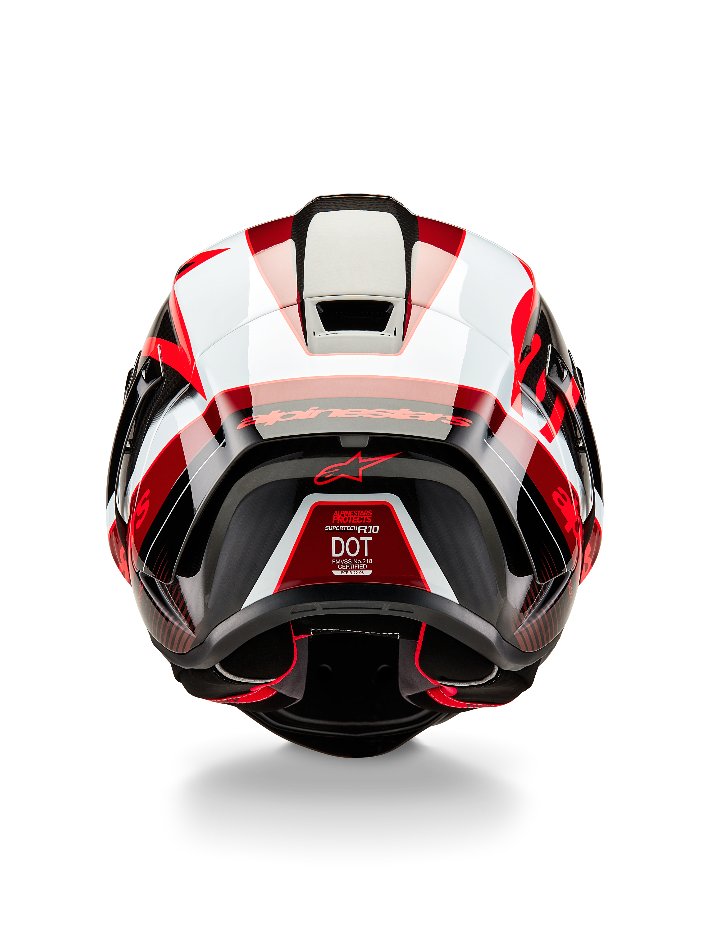 Alpinestars Supertech R10 Team Helmet, Rear View, Black Carbon Red and White Glossy, aerodynamic shell design with bold red and white panels, featuring Alpinestars branding on the spoiler and a red star logo, professional racing motorcycle helmet