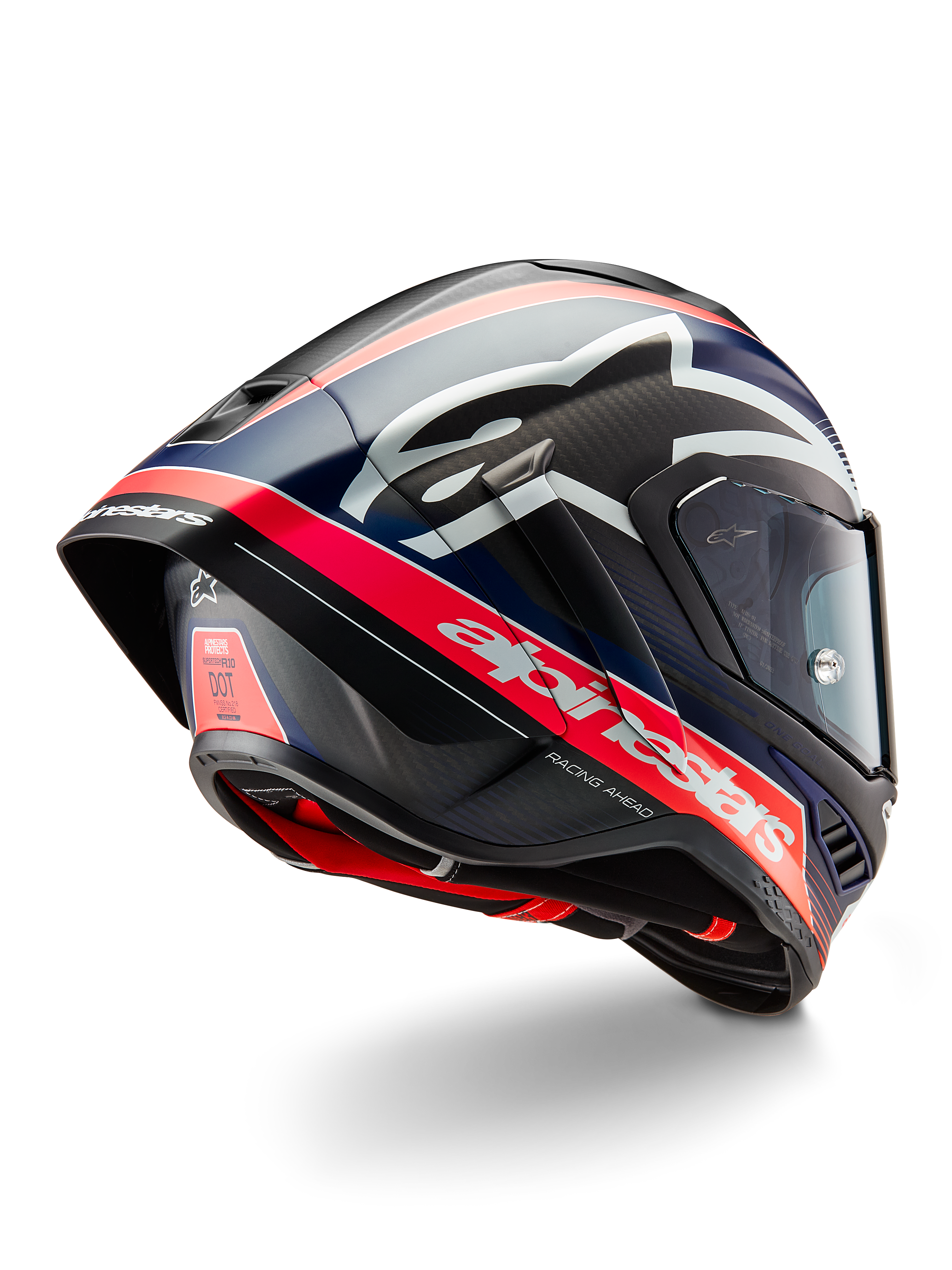 Alpinestars Supertech R10 Team Helmet, Professional Motorcycle Racing Helmet, Black Carbon with Fluorescent Red and Matte Blue accents, aerodynamic rear view showing integrated spoiler, bold Alpinestars branding, and visible carbon fiber shell texture.