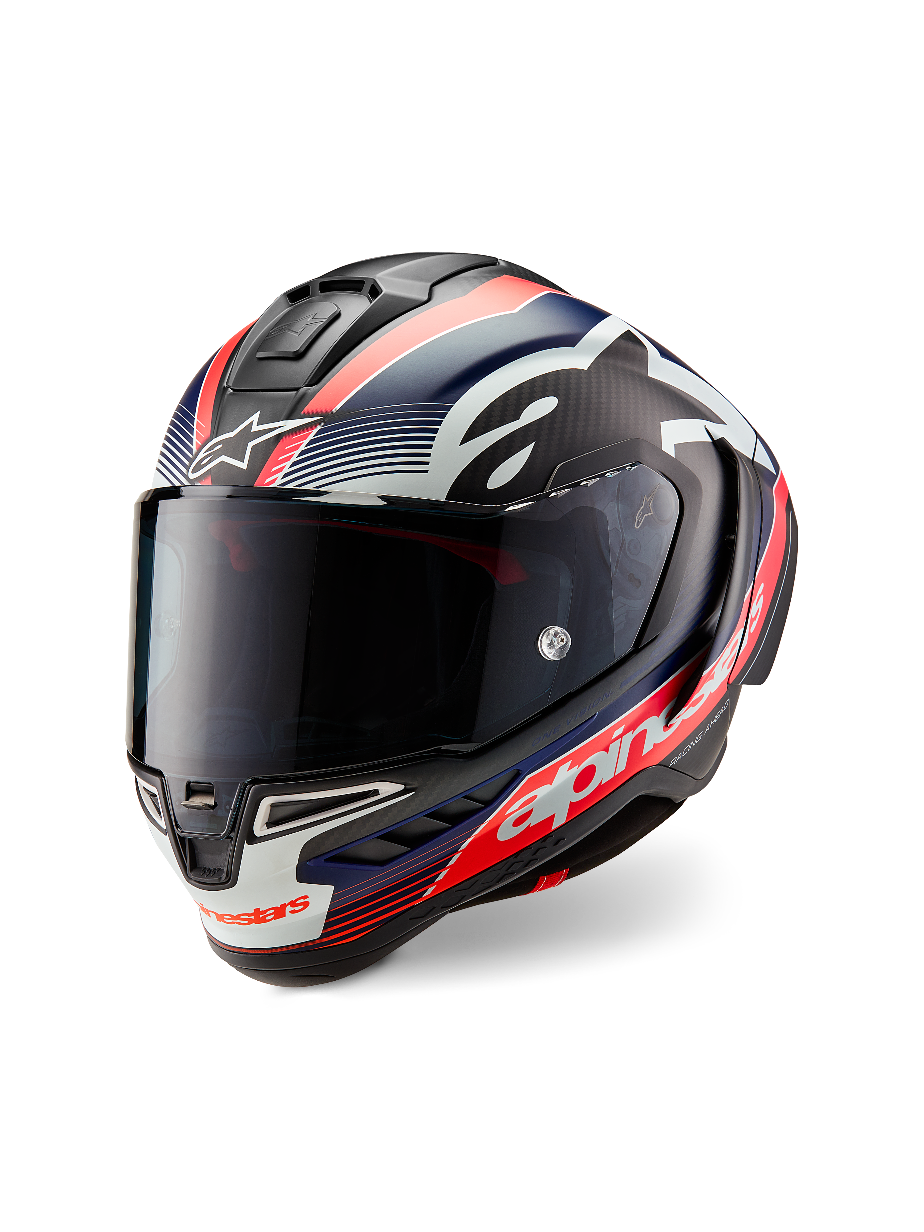 Alpinestars Supertech R10 Team Helmet, Black Carbon with Red Fluo and Matte Blue graphics, three-quarter front view, featuring a dark smoke visor, aerodynamic race shell, and bold white Alpinestars branding.