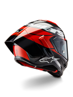 Alpinestars Supertech R10 Element Helmet, Black Carbon Bright Red and White Glossy, rear-three-quarter view showing large aerodynamic spoiler and carbon fiber shell, featuring bold Alpinestars logos and DOT certification